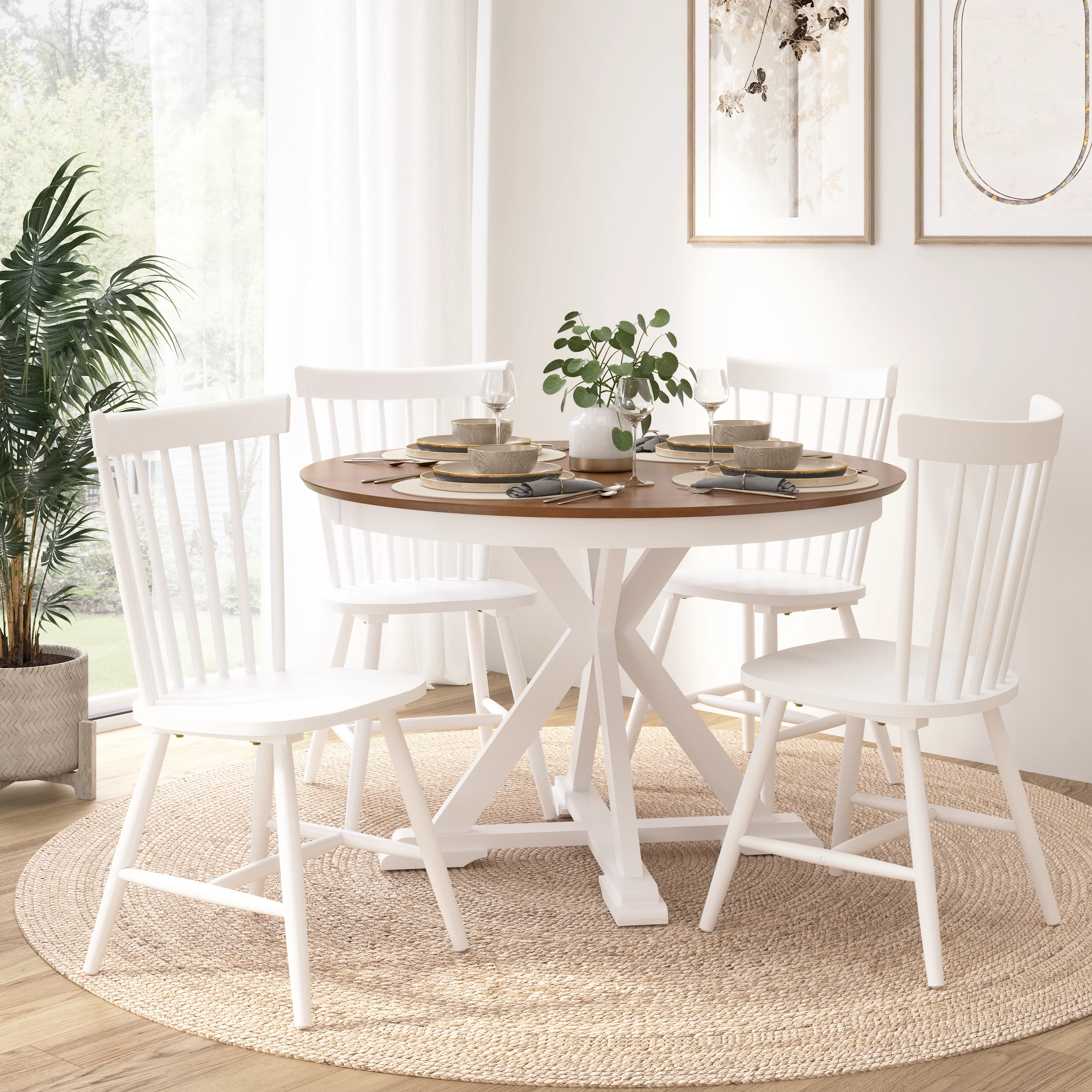 West End 45W Round Trestle Dining Table with 4 High Back Spindle Dining Chairs