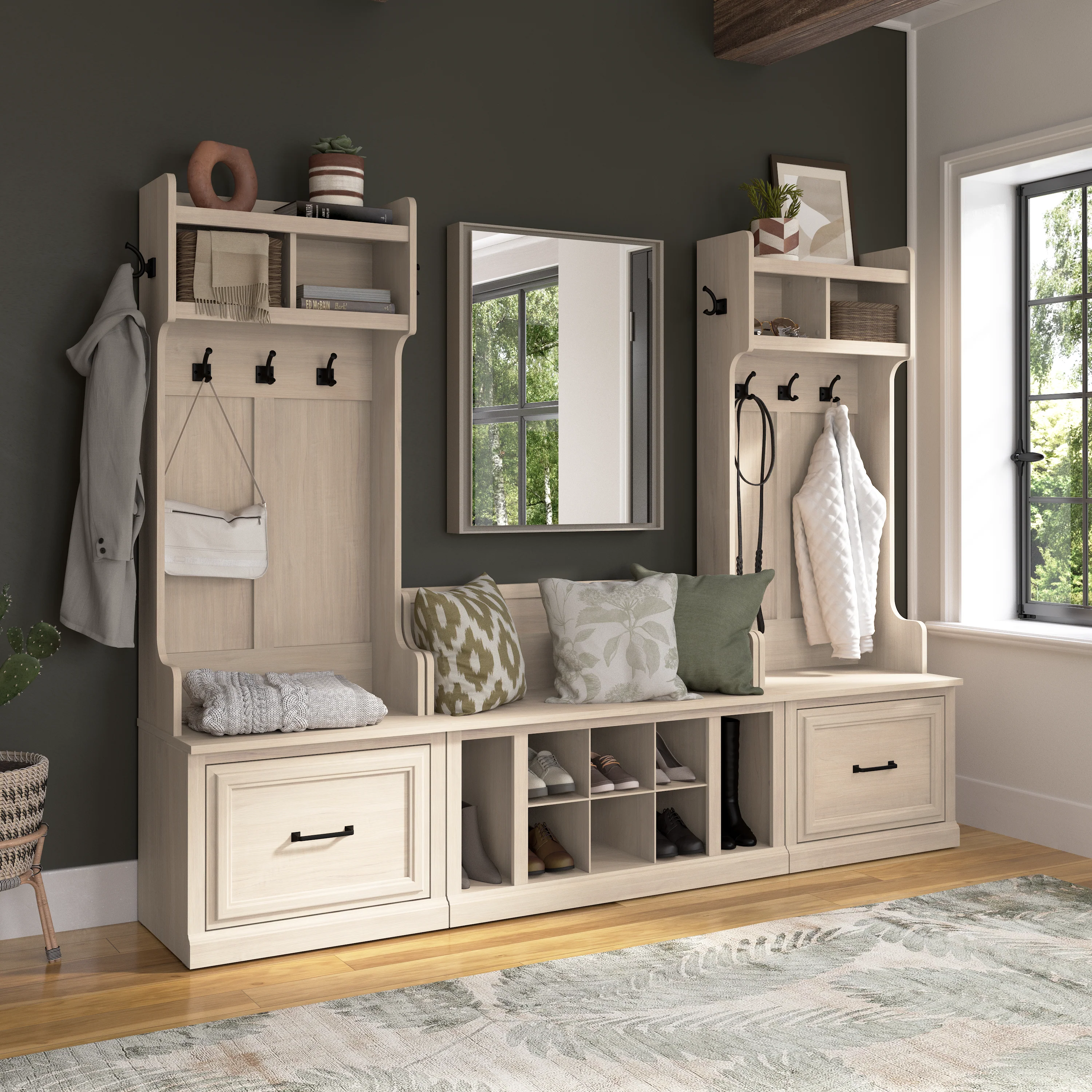 Woodland Entryway Storage Set with Hall Trees and Shoe Bench with Drawers