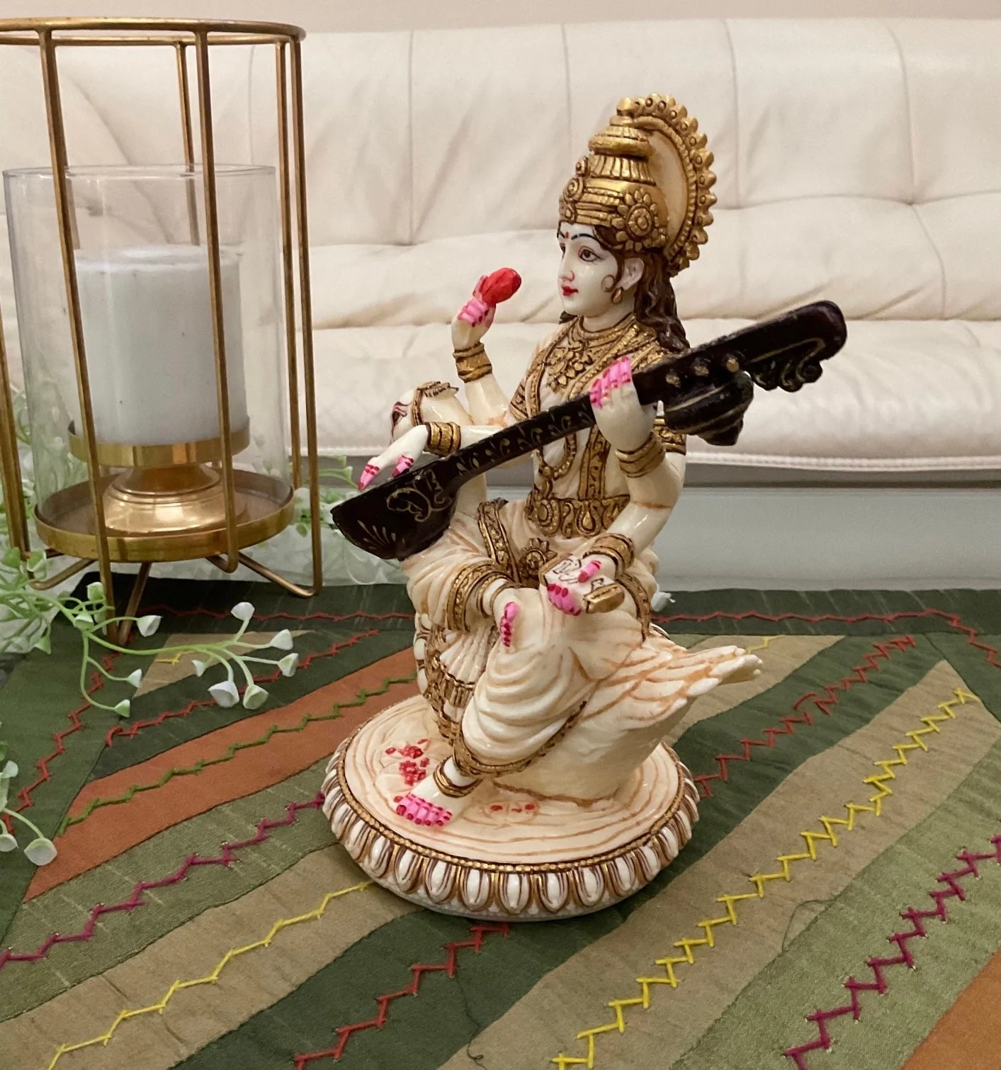 Goddess Saraswati Statue, Marble Dust Resin Idol For Home