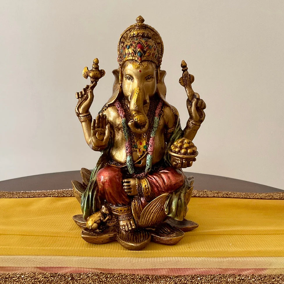 7 Inches Ganesha Marble Dust Resin Idol Copper Finish -  Ganpati Decorative Statue for Home Decor - Housewarming Gift
