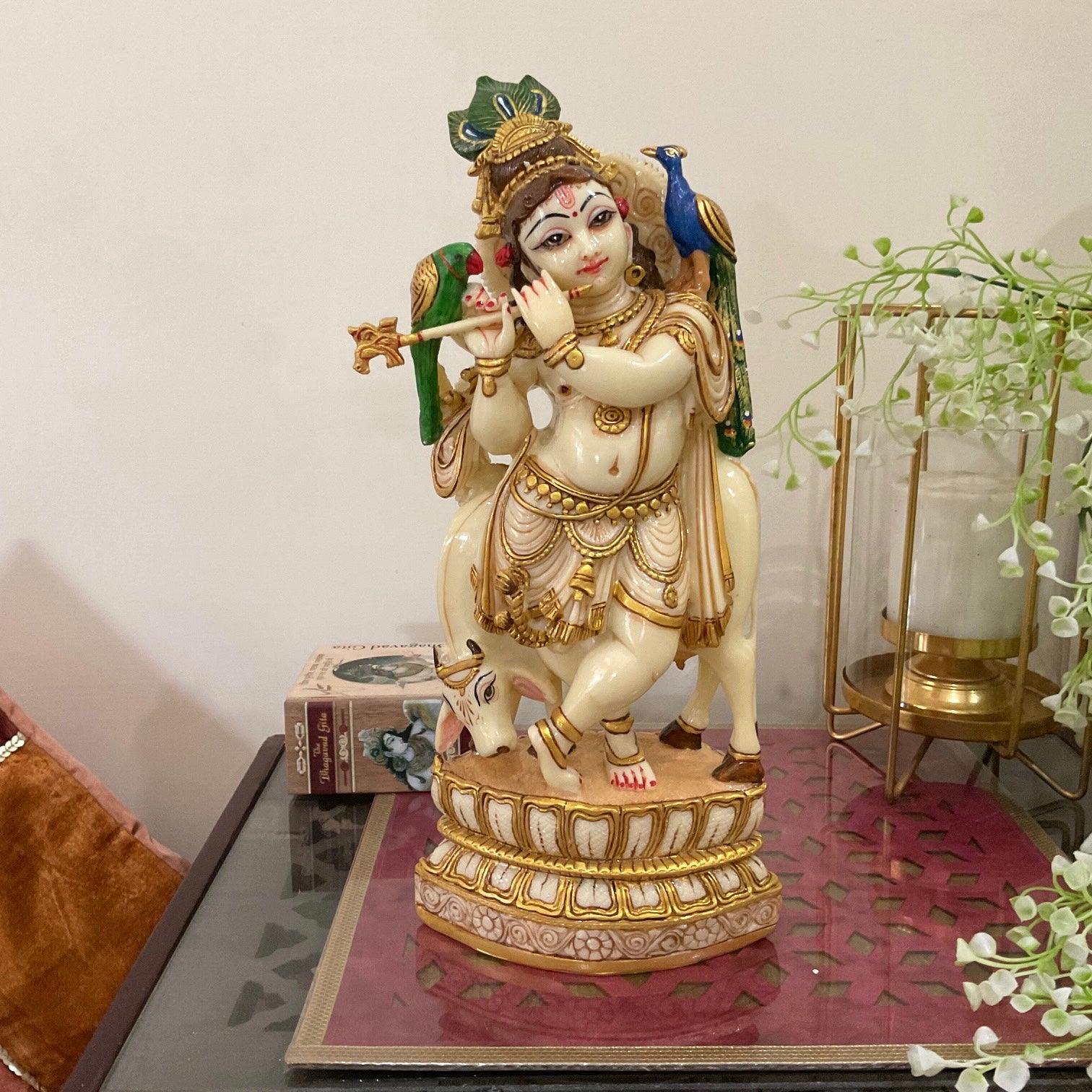 Handcrafted Krishna & Cow Marble Dust Resin Idol -  Hindu God Statue - Decorative Murti