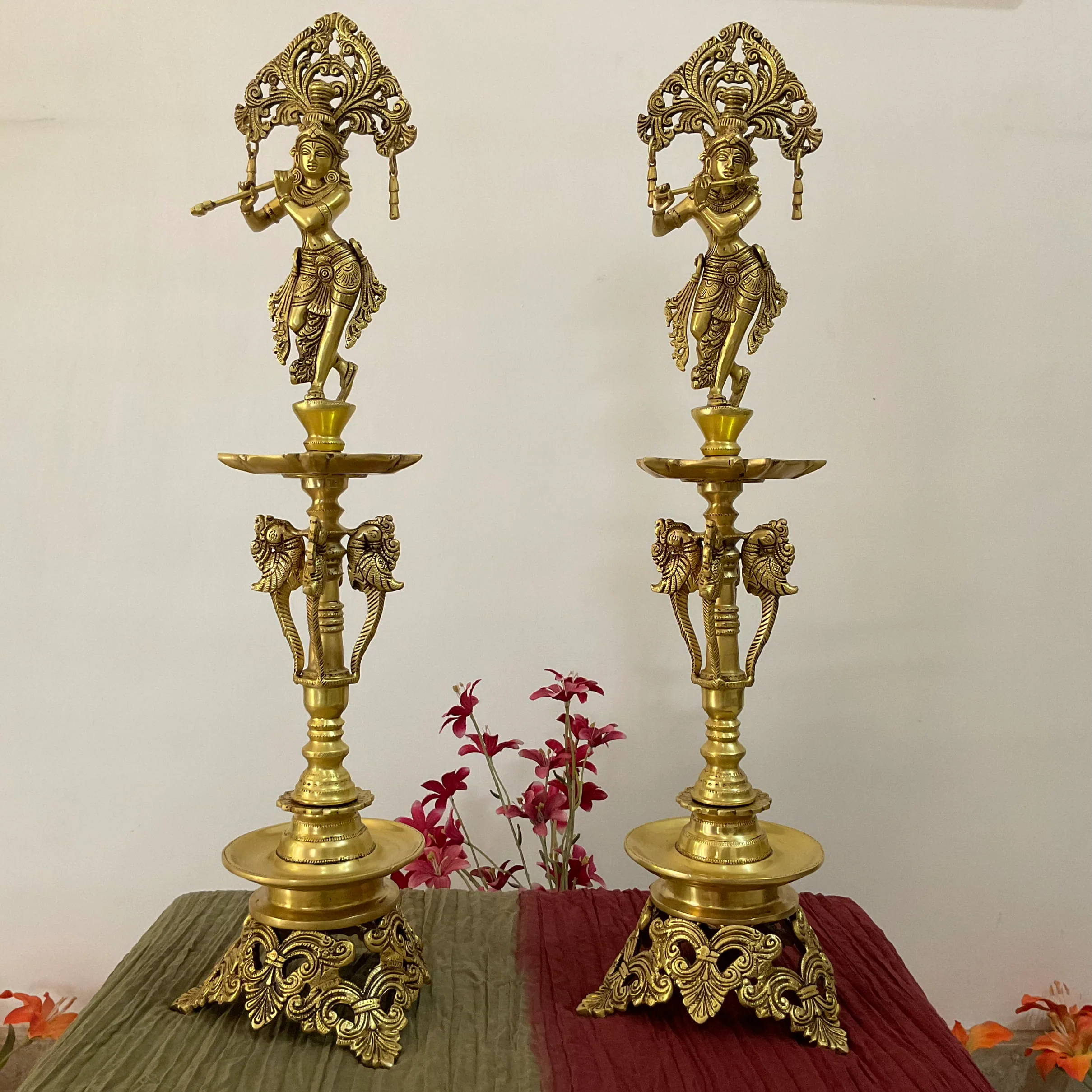 28 Inch Krishna Brass Diya Lamp (Set of 2) - Traditional Indian Festive Decor