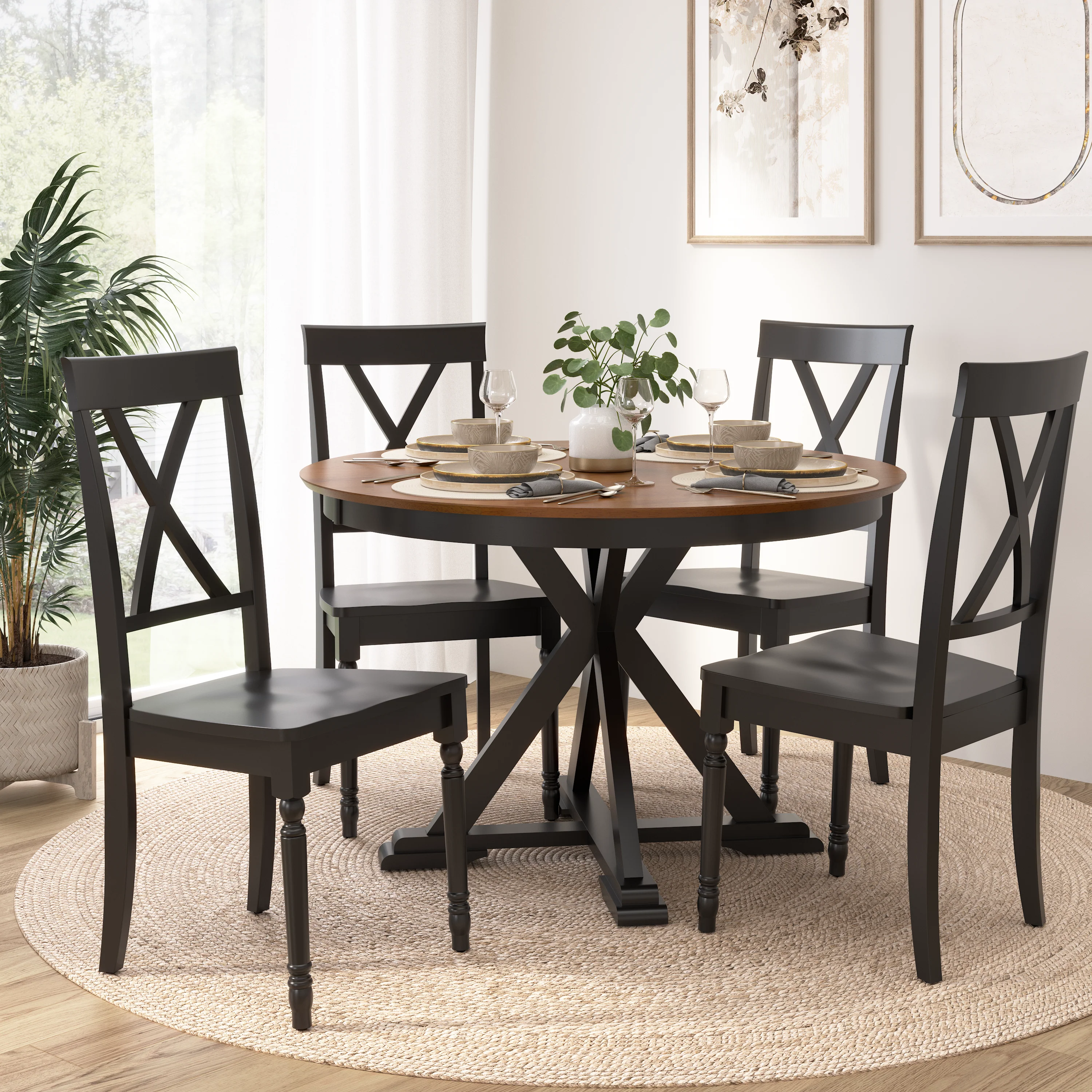 West End 45W Round Trestle Dining Table with 4 Cross Back Dining Chairs