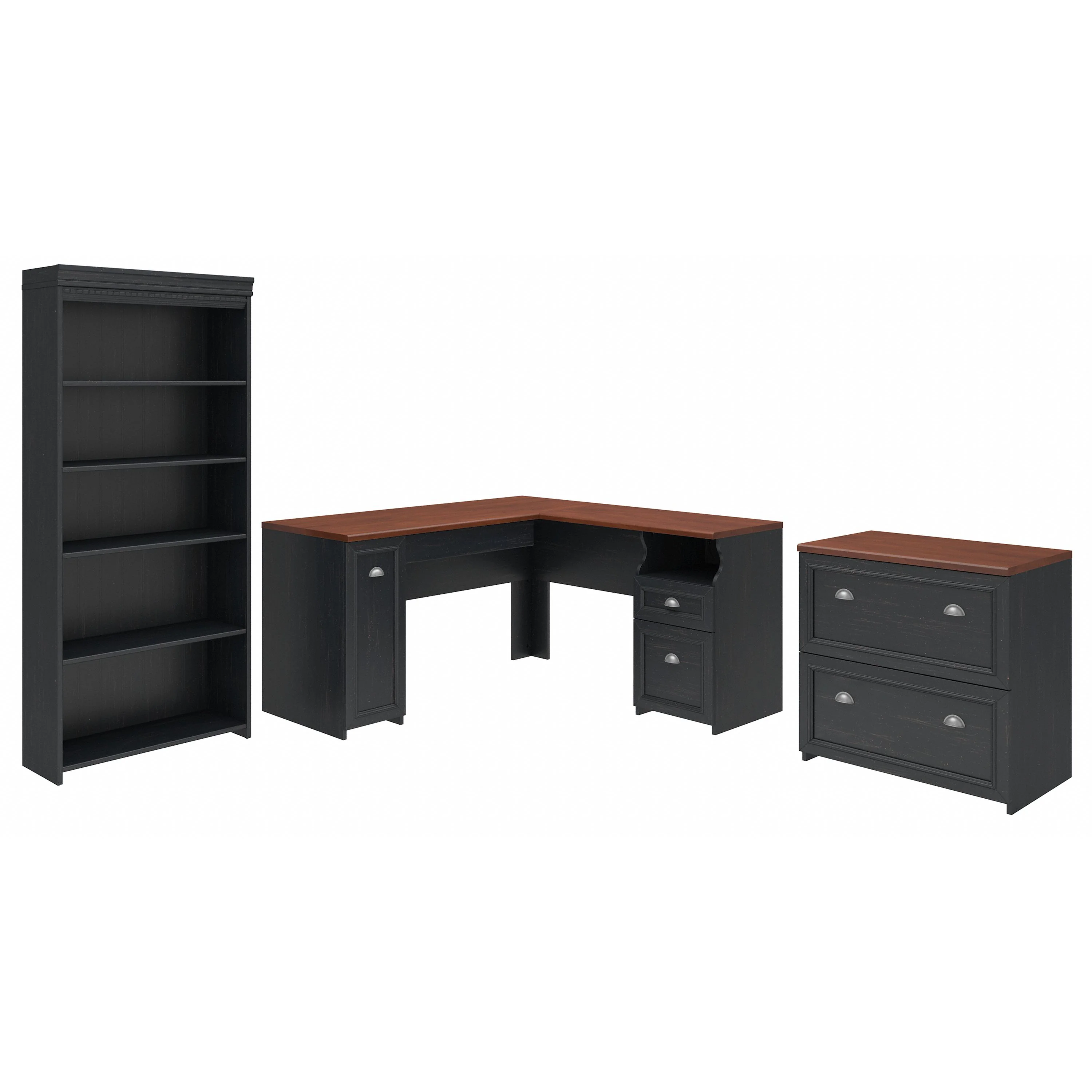 Fairview 60W L Shaped Desk with Lateral File Cabinet and 5 Shelf Bookcase