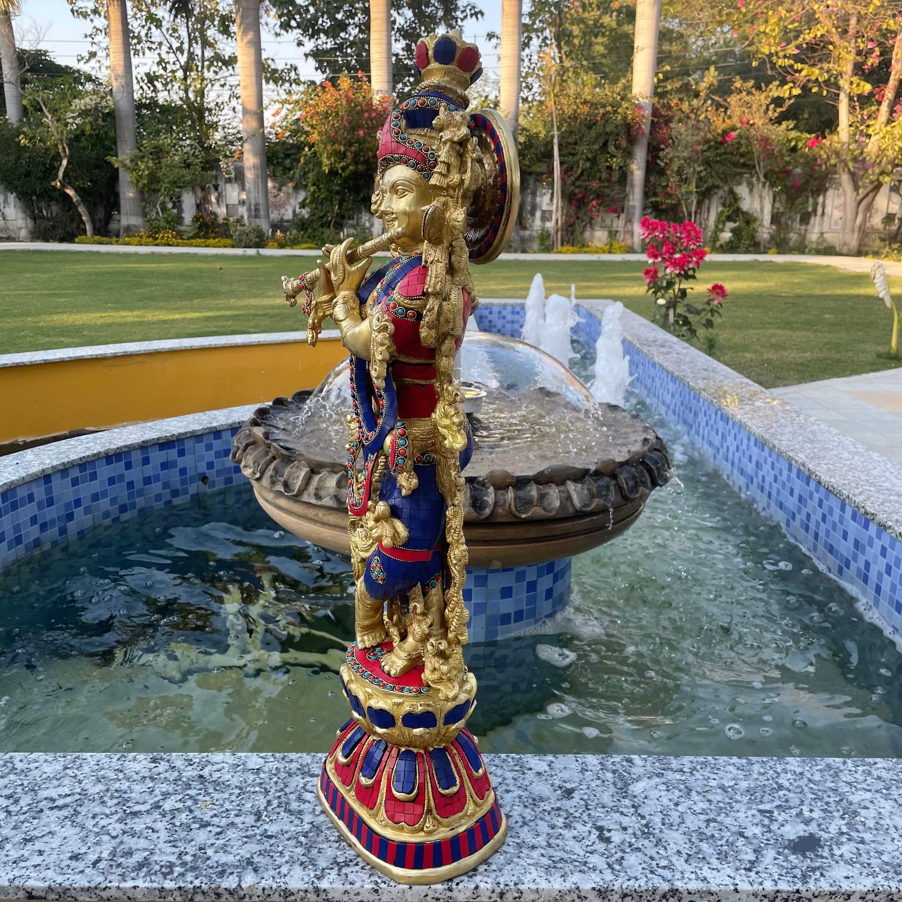 Krishna Statue For Home Temple, 30 Inches Shri Krishna Brass Stonework Idol