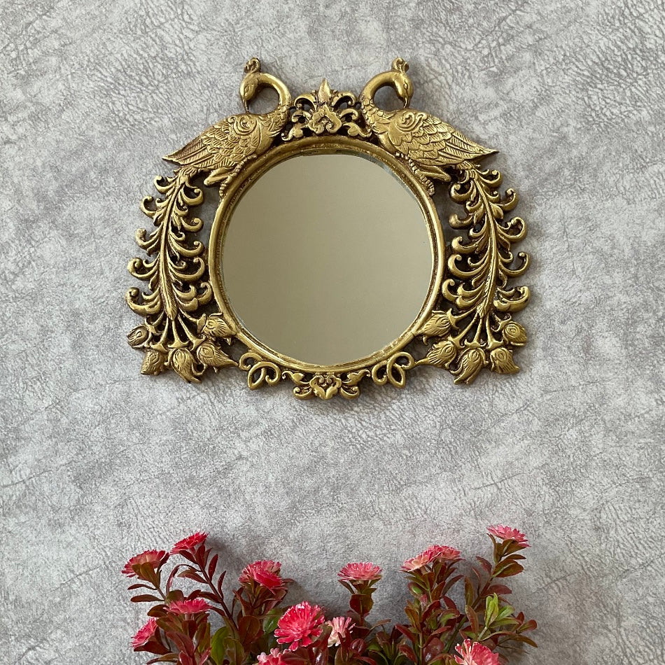 Brass Mirror Wall Hanging With Twin Peacock, Mirror Wall Decor