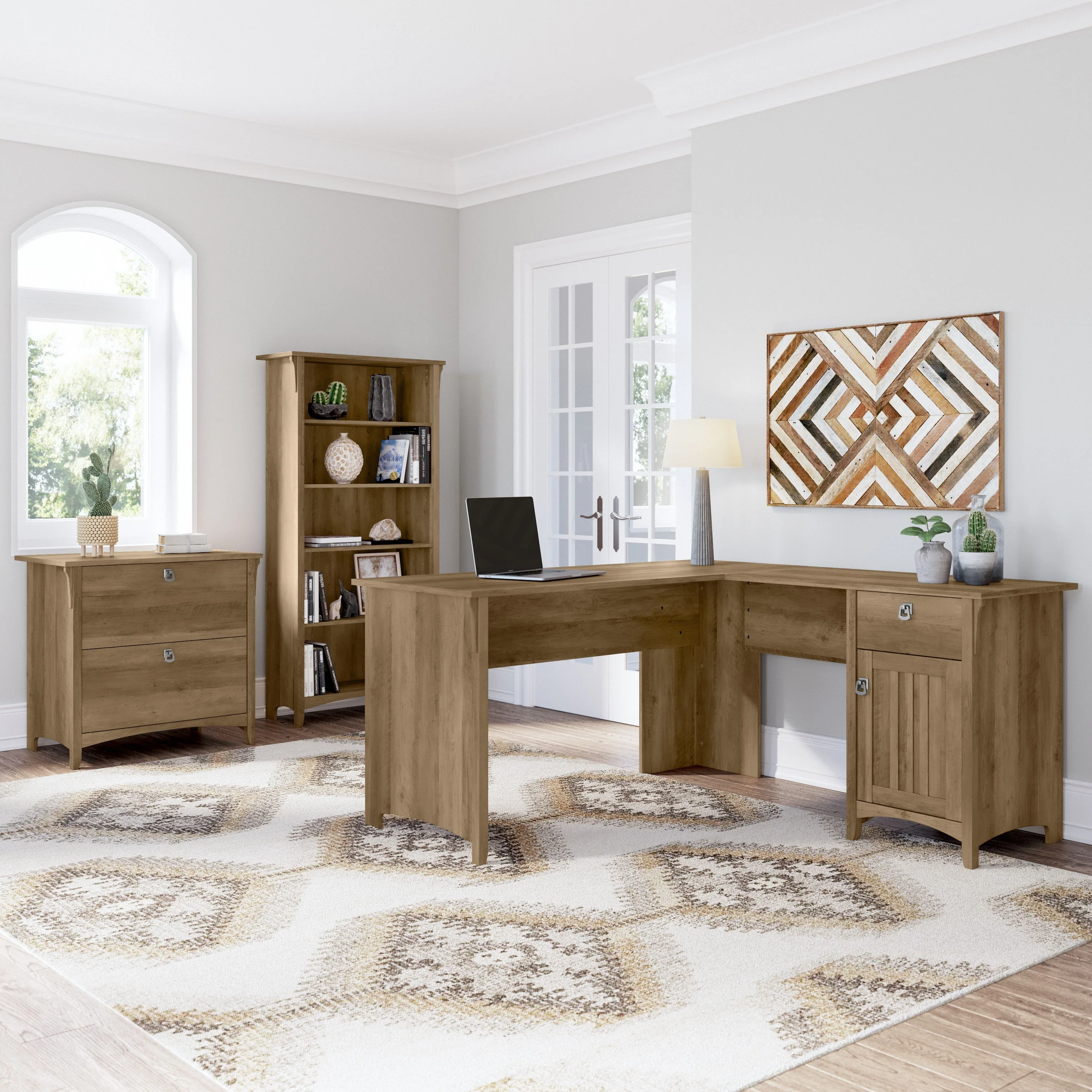 Salinas 60W L Shaped Desk with Lateral File Cabinet and 5 Shelf Bookcase