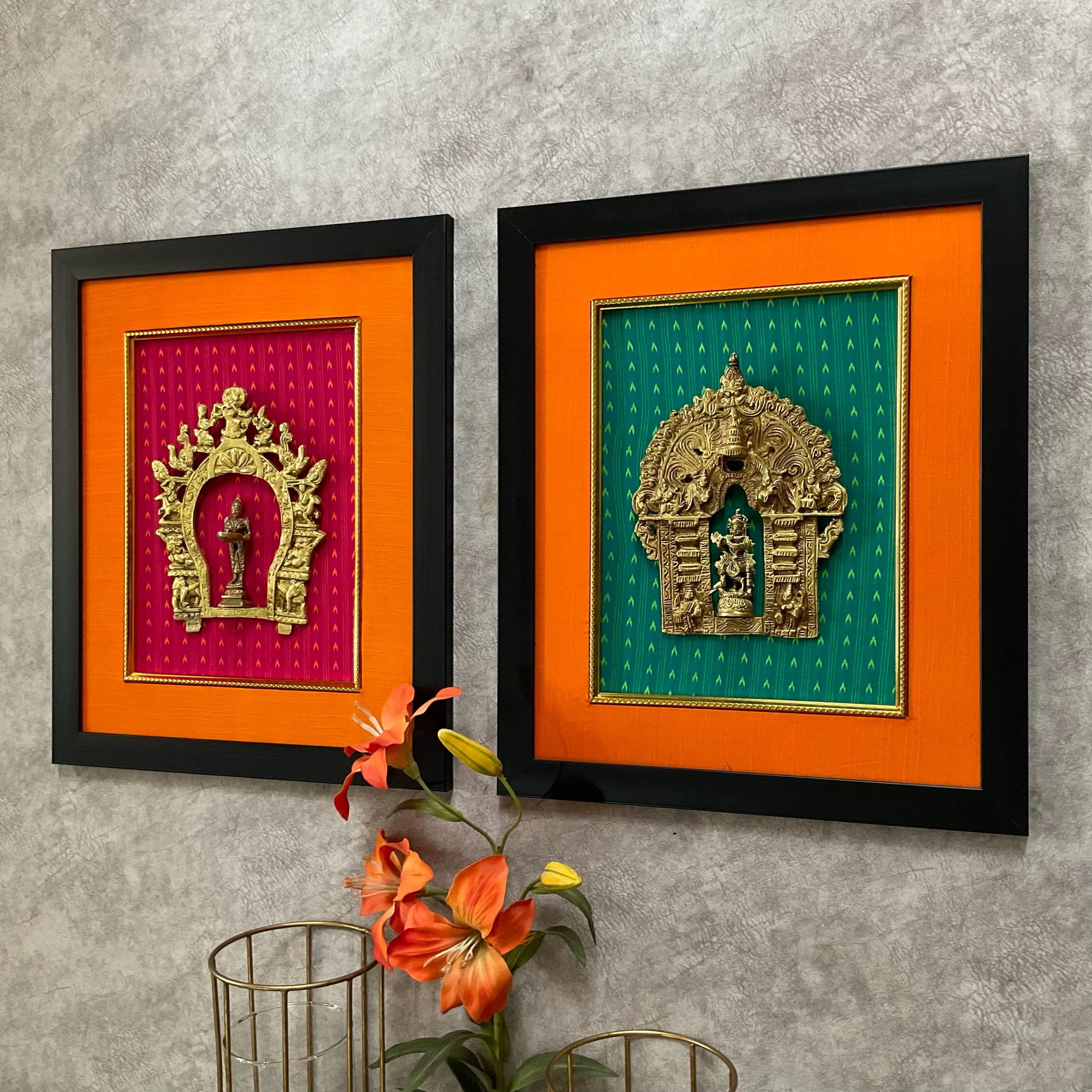 Framed Brass Prabhavali (Set of 2) - Lord Krishna And Deep Lakshmi - Ethnic Wall Decor