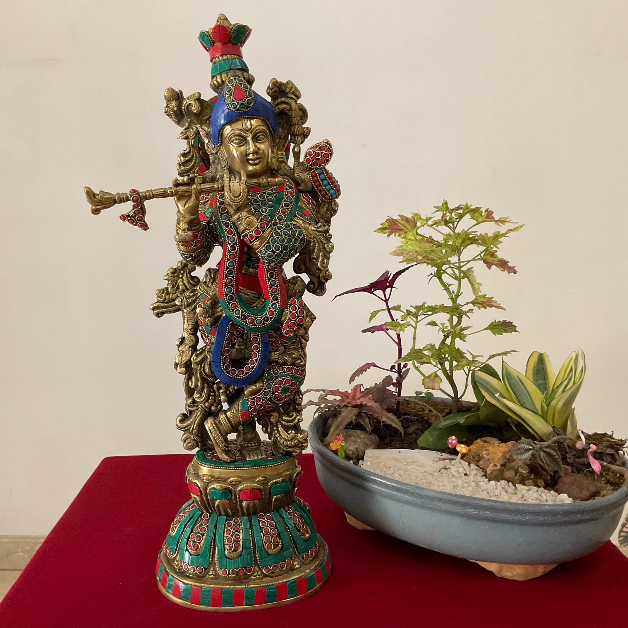 20 Inches Radha Krishna Idol Brass Stonework, God of Love, Decorative Statue Figurines