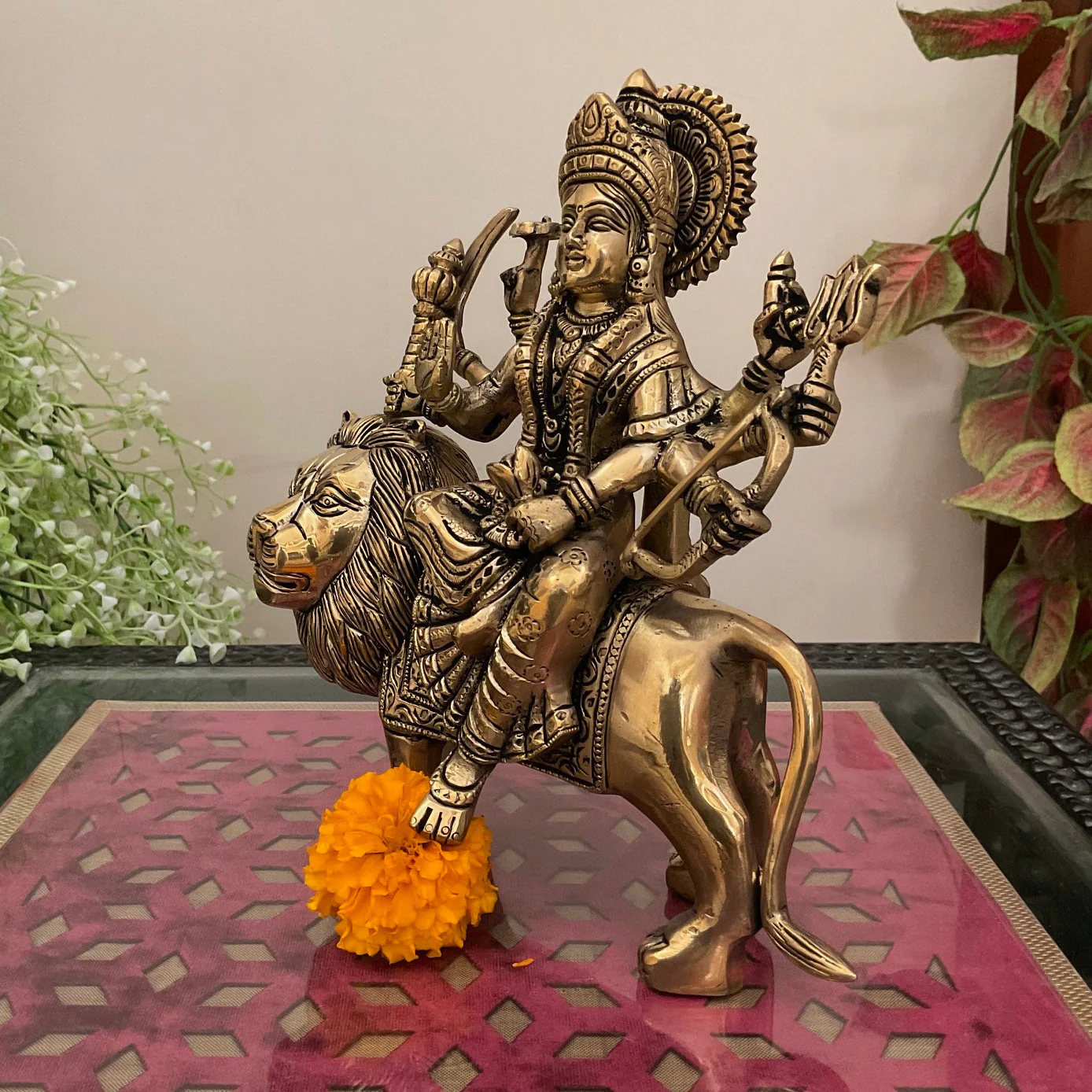 9 Inches Ma Durga Brass Idol -  Hindu God Statue - Decorative Murti