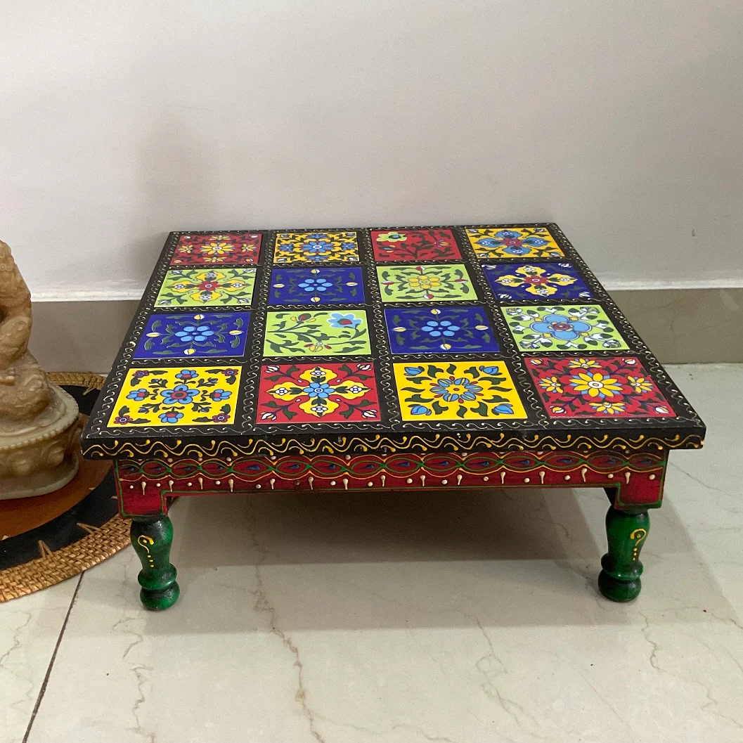 14 Inches Ceramic Tile Wooden Chowki For Idols And Pooja