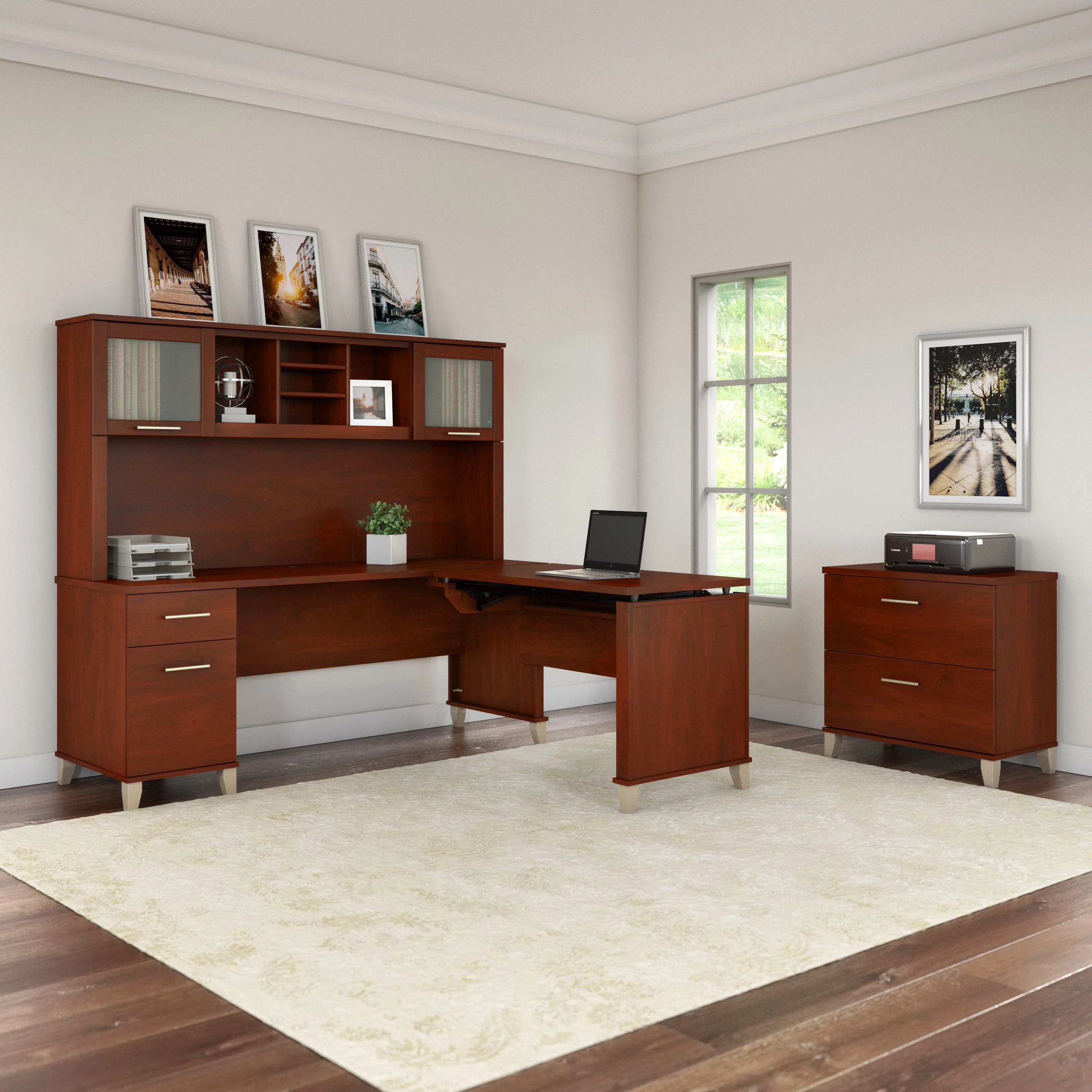 Somerset 72W 3 Position Sit to Stand L Shaped Desk with Hutch and File Cabinet