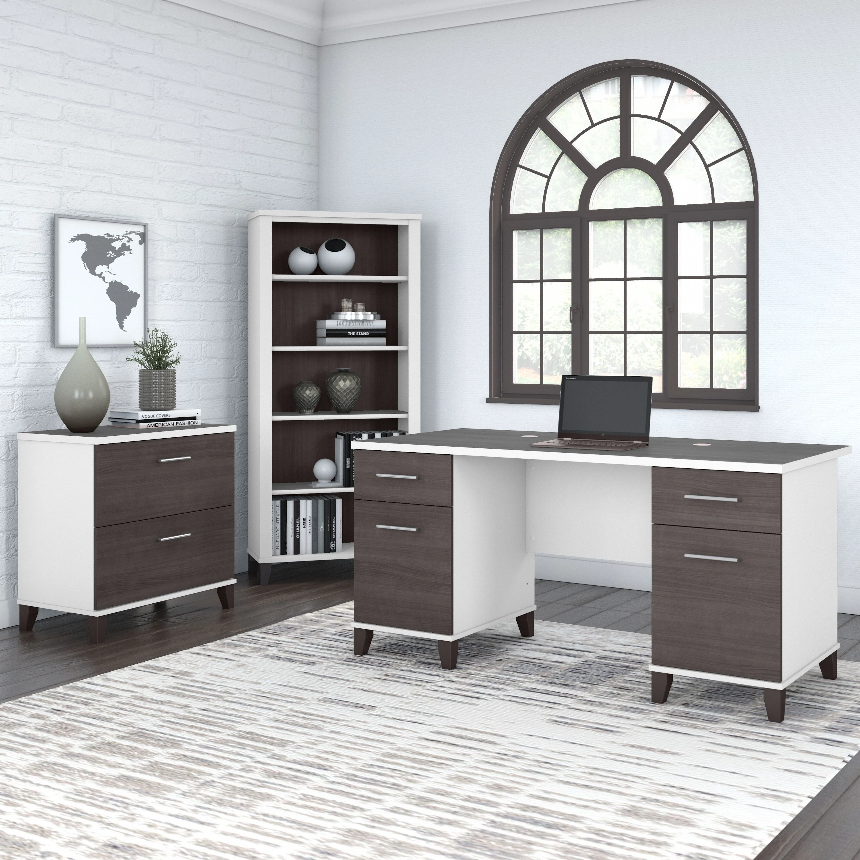 Somerset 60W Office Desk with Lateral File Cabinet and 5 Shelf Bookcase
