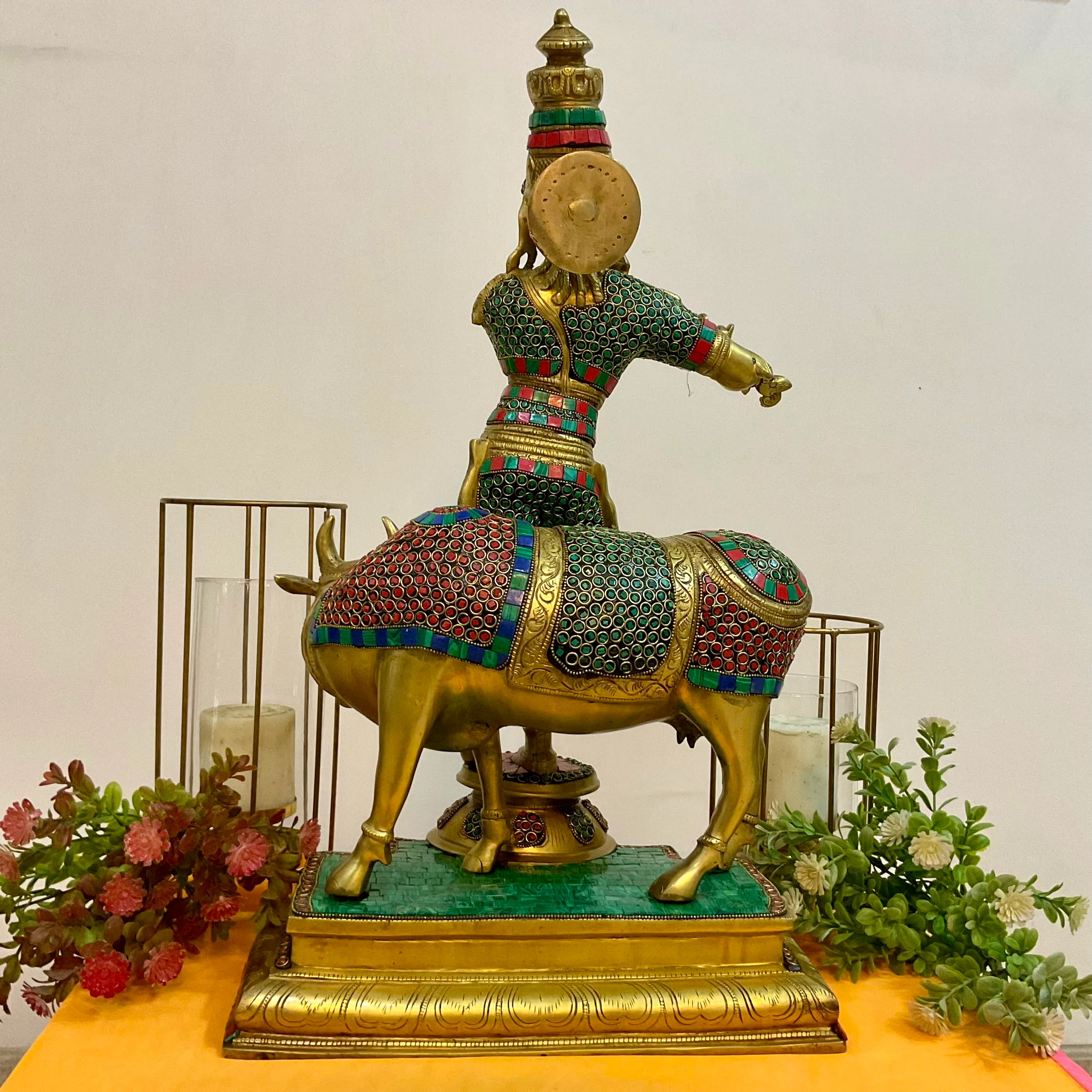 Lord Krishna Cow idol, 25 Inch Large Brass Stonework Statue for Home