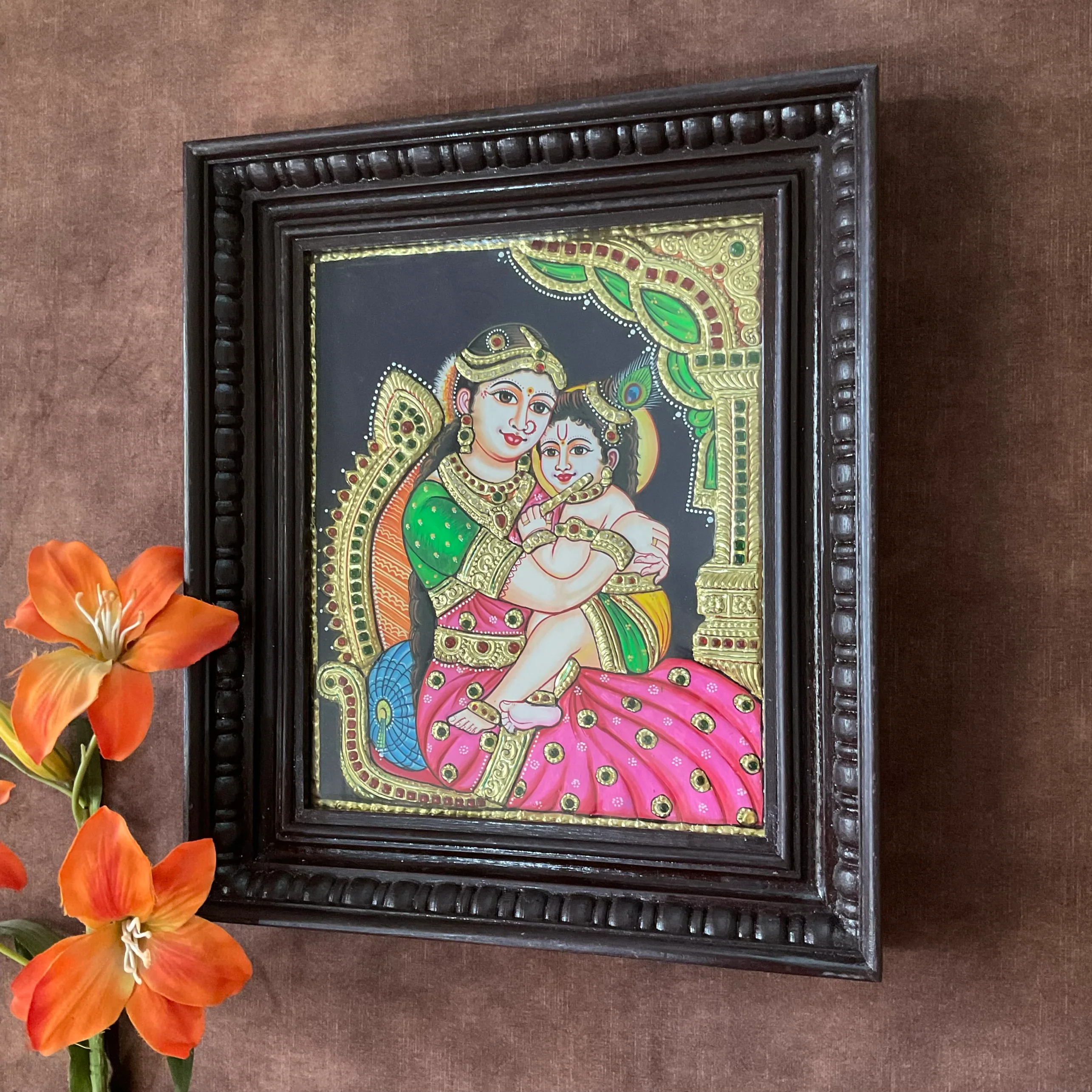 Baby Krishna Yashoda Ma Tanjore Painting - Traditional Wall Art
