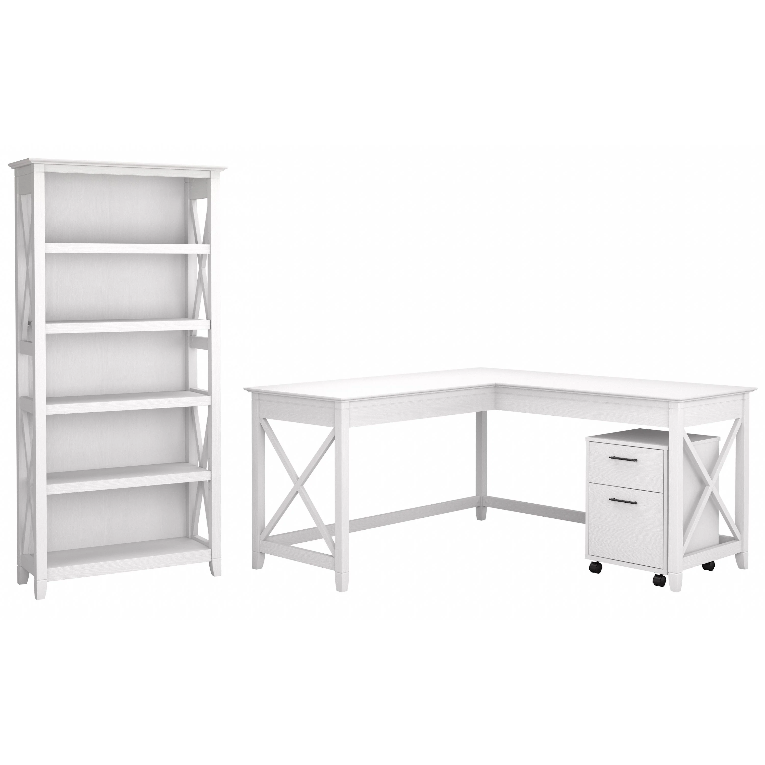 Key West 60W L Shaped Desk with 2 Drawer Mobile File Cabinet and 5 Shelf Bookcase