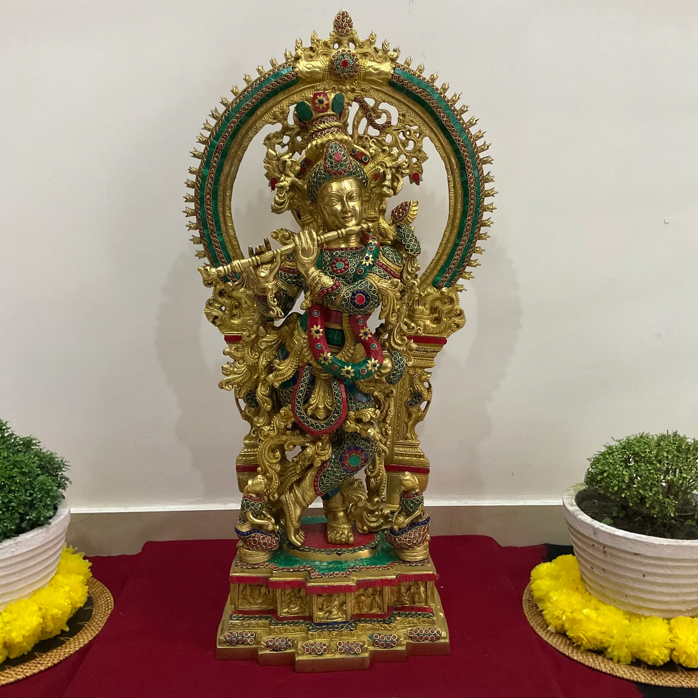 32 Inch Lord Krishna Idol, Brass Stonework - Large Krishna Statue For Home Entrance