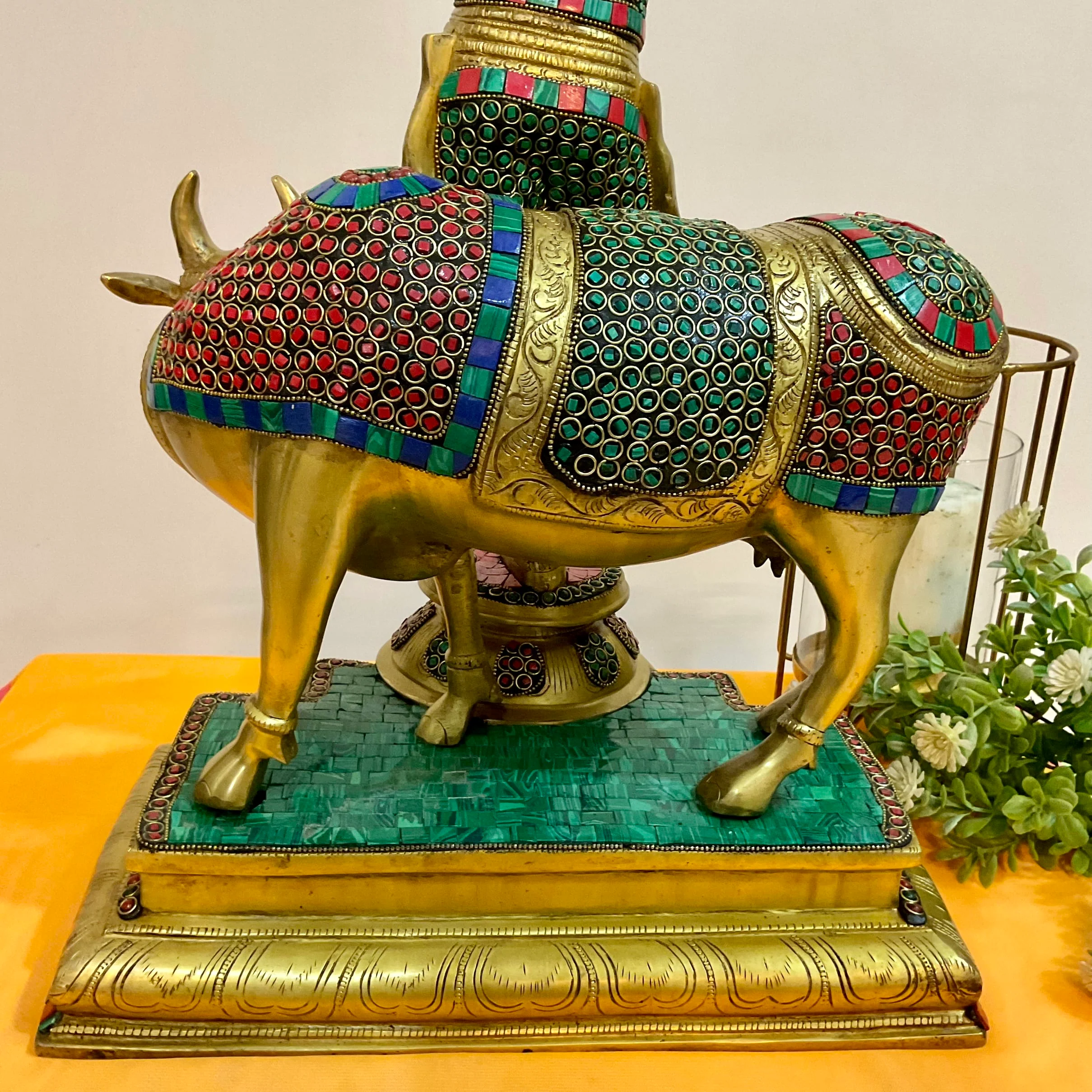 Lord Krishna Cow idol, 25 Inch Large Brass Stonework Statue for Home
