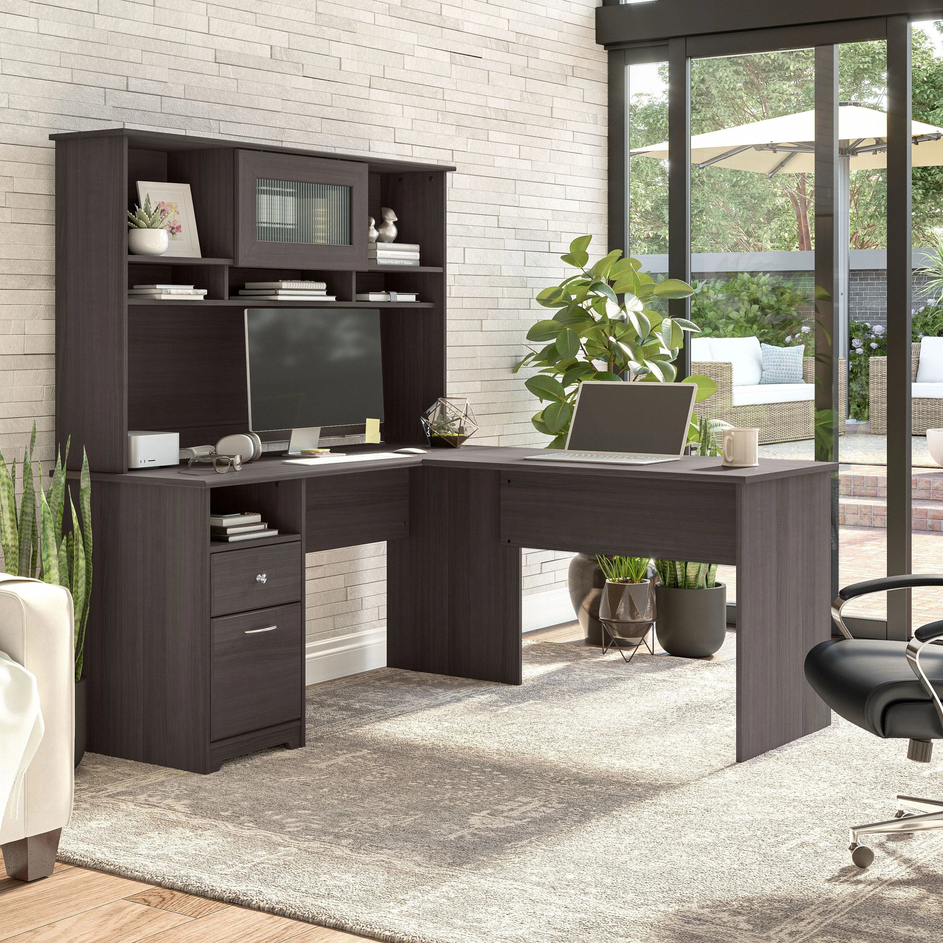 Cabot 60W L Shaped Computer Desk with Hutch and Drawers