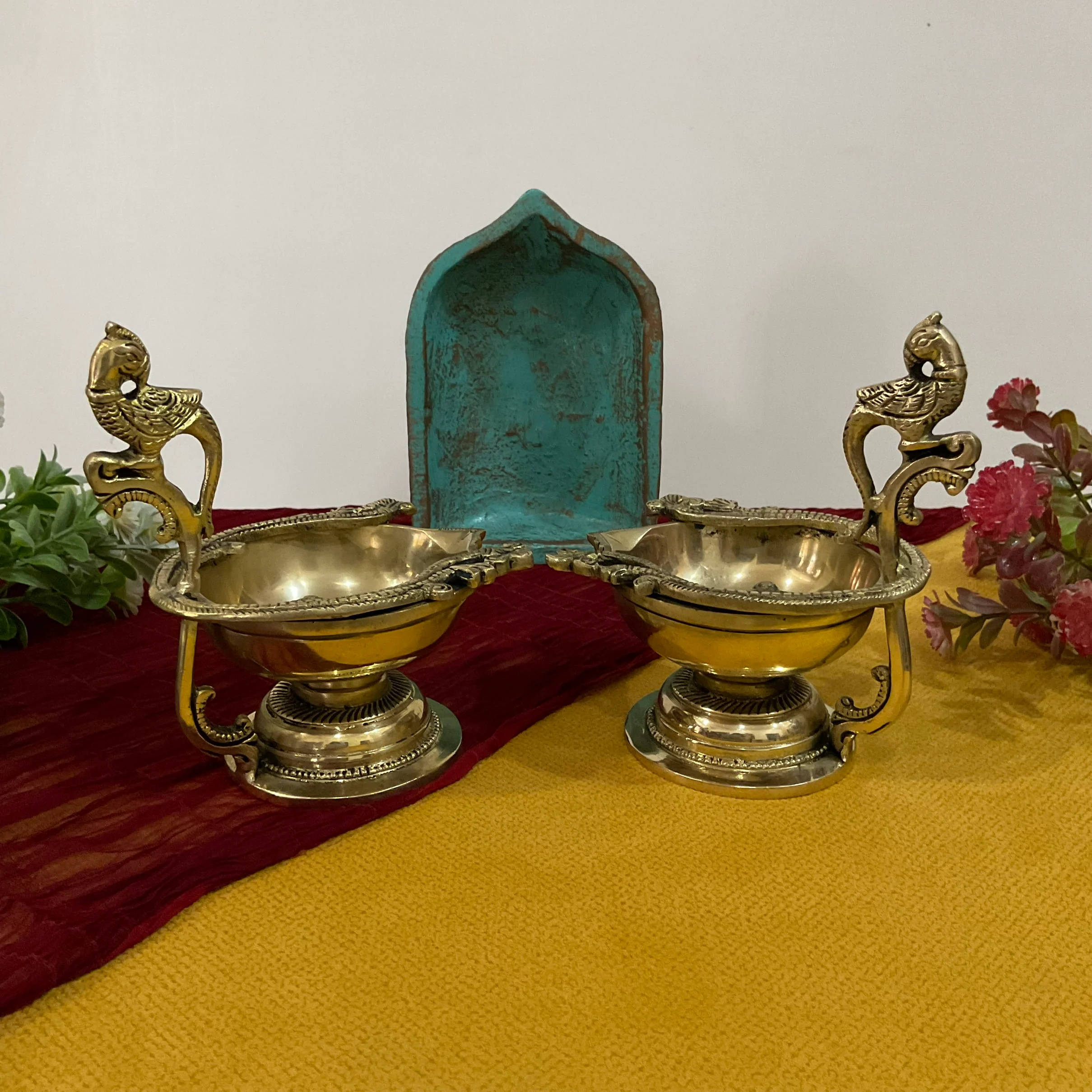 6 Inch Annapakshi Diya (Set of 2)- Handmade Brass lamp Pooja Decor
