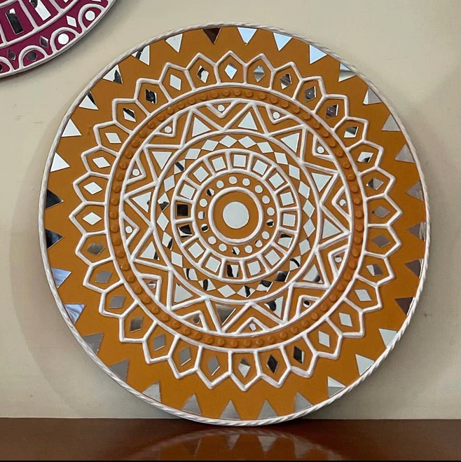 15 Inches Yellow Lippan Art Wall Hanging - Clay Mirror Wall Decor