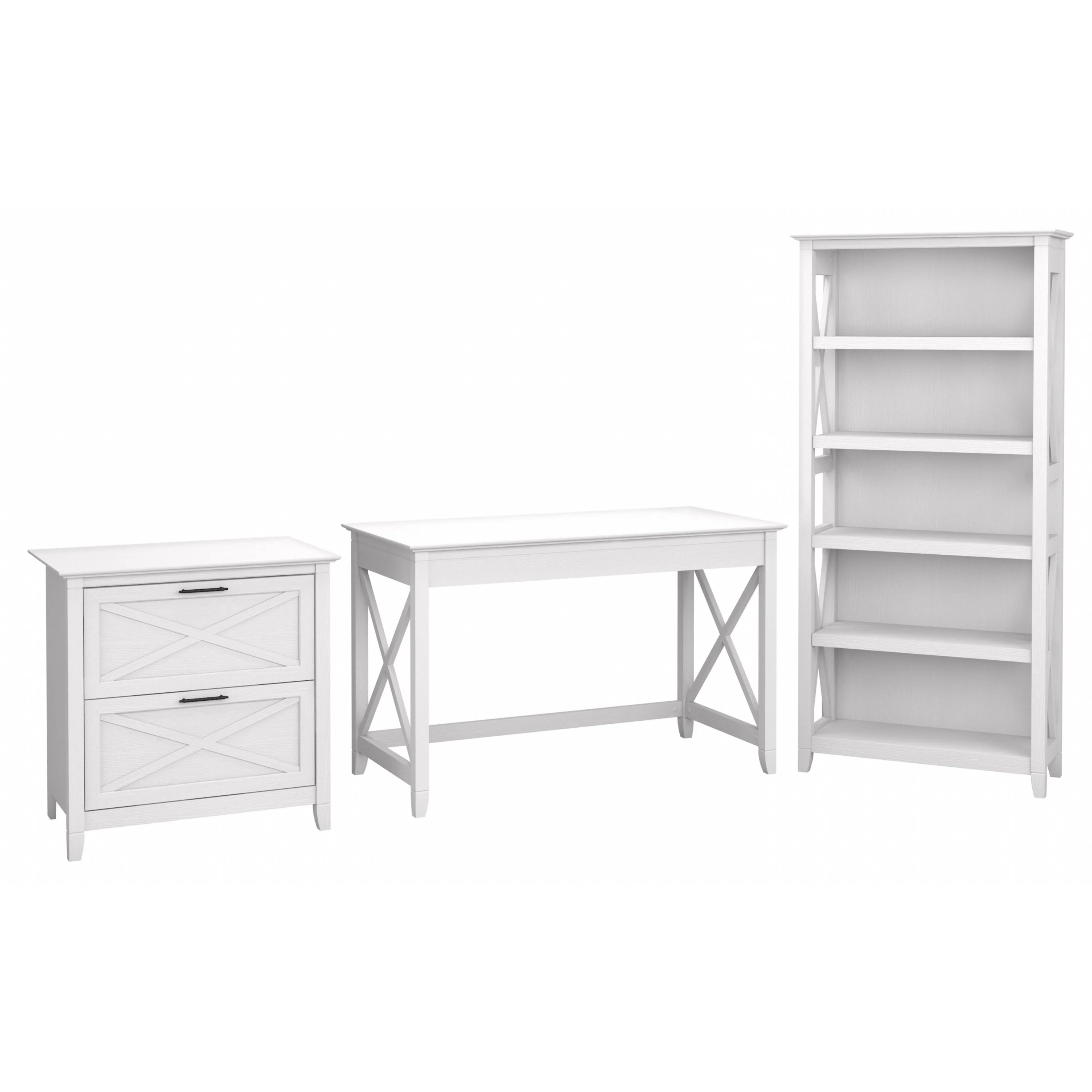 Key West 48W Writing Desk with 2 Drawer Lateral File Cabinet and 5 Shelf Bookcase