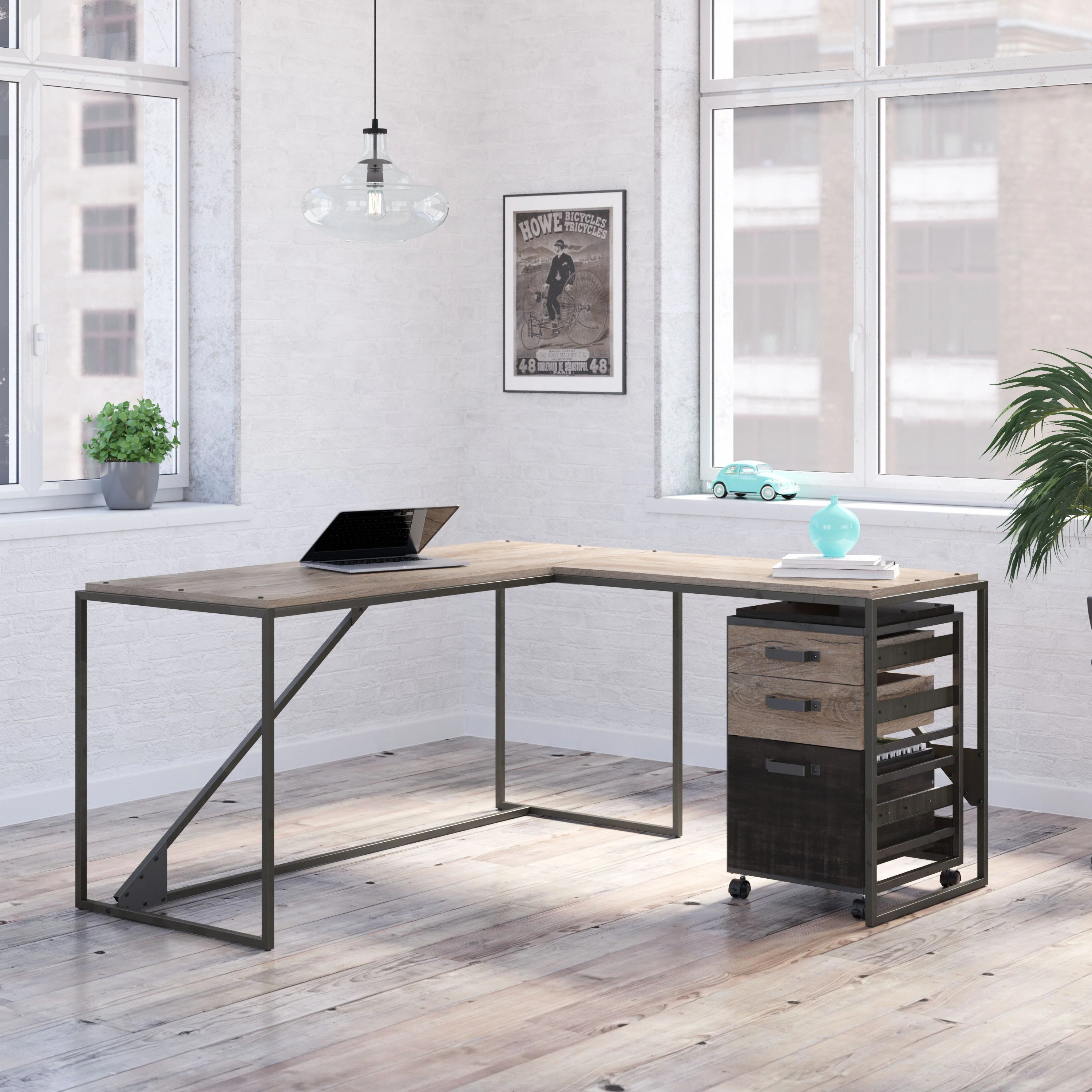 Refinery 62W L Shaped Industrial Desk with 3 Drawer Mobile File Cabinet