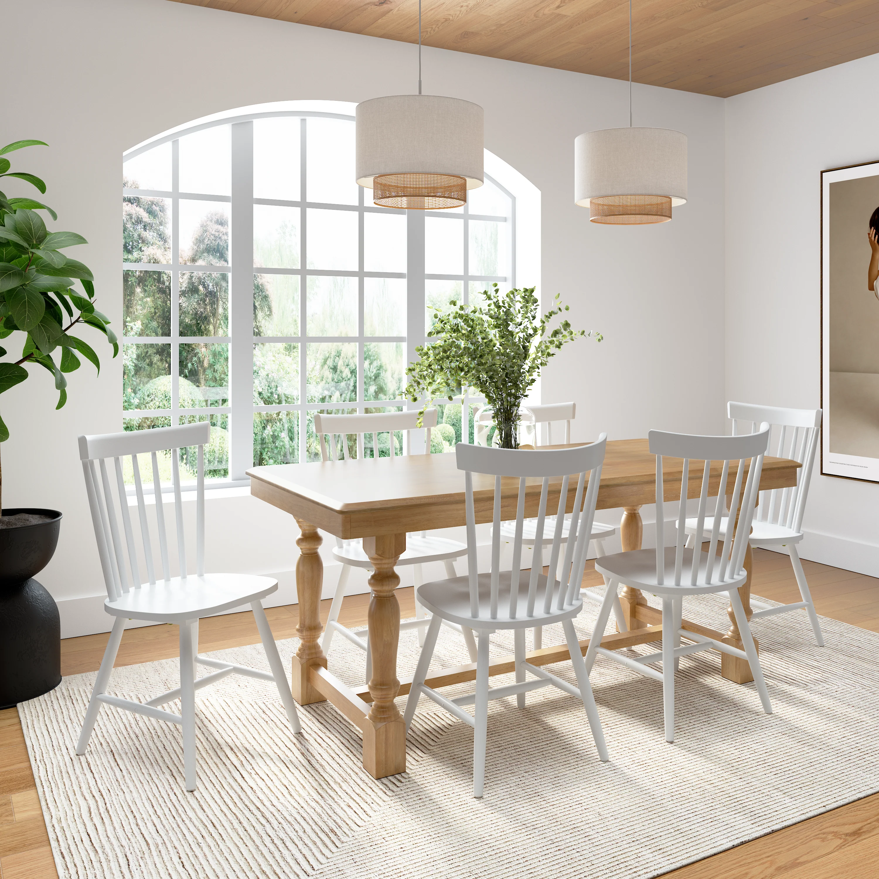 Sterling 67W Squire Trestle Dining Table with 6 High Back Spindle Dining Chairs