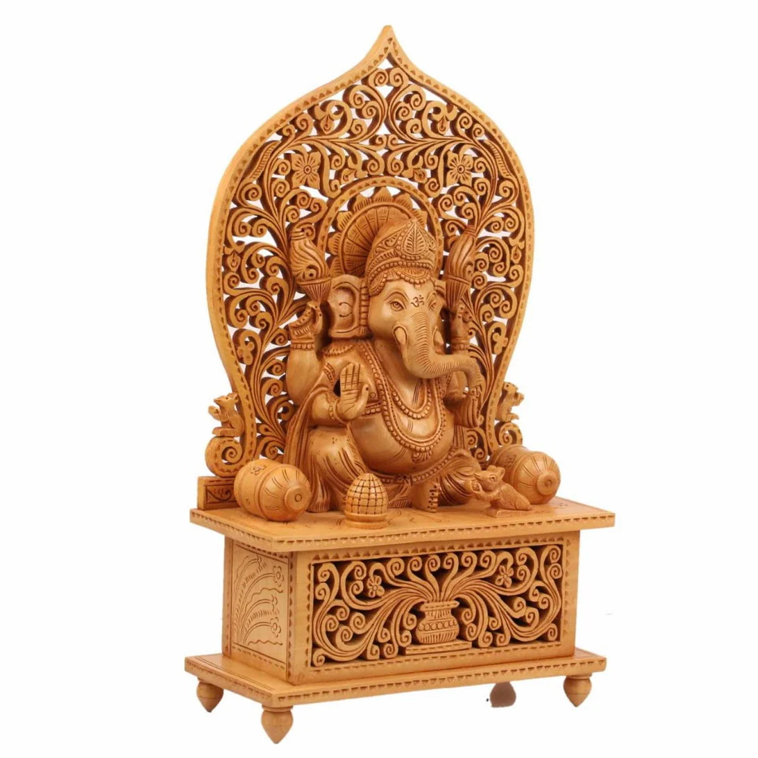 Wooden Ganesh Idol, 14 Inch Ganpati On Singhasan Statue for Home Decor - Housewarming Gift