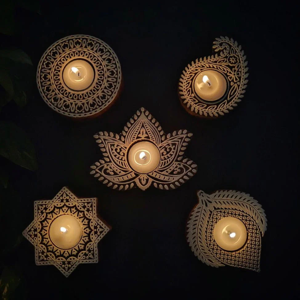 Small Wooden Diya (Set of 5) - Tea light Holder - Diwali Decor & Gifts