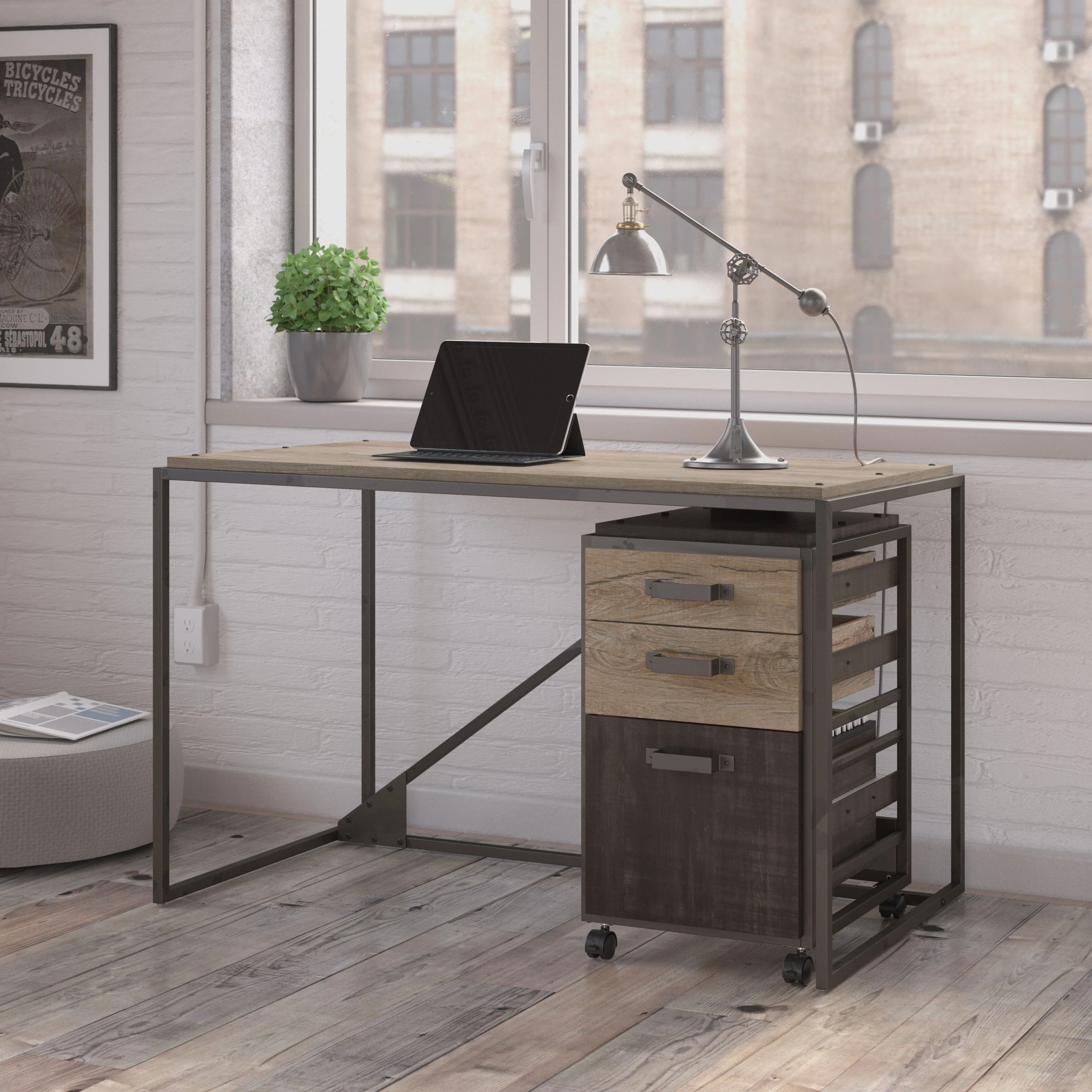 Refinery 50W Industrial Desk with 3 Drawer Mobile File Cabinet