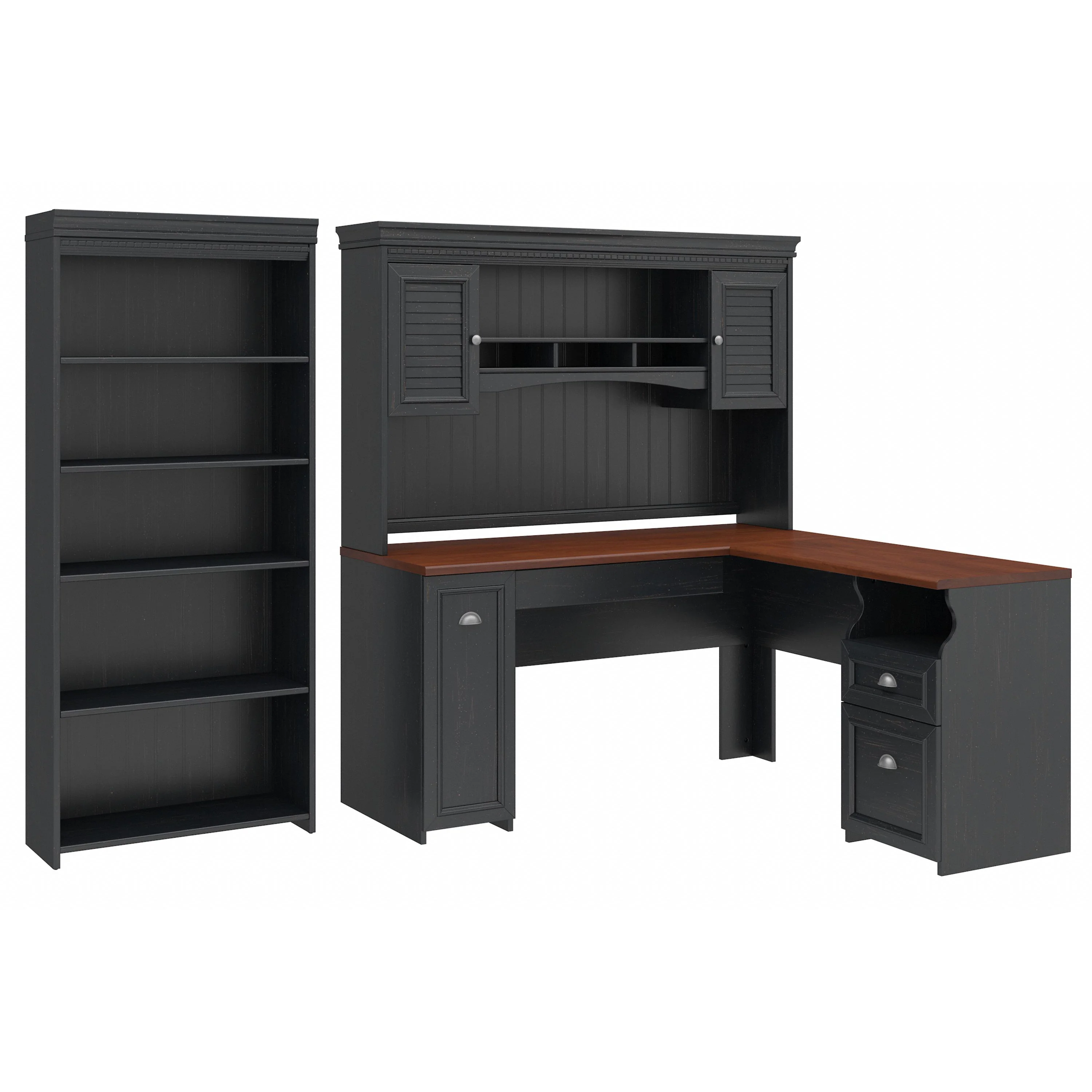Fairview 60W L Shaped Desk with Hutch and 5 Shelf Bookcase