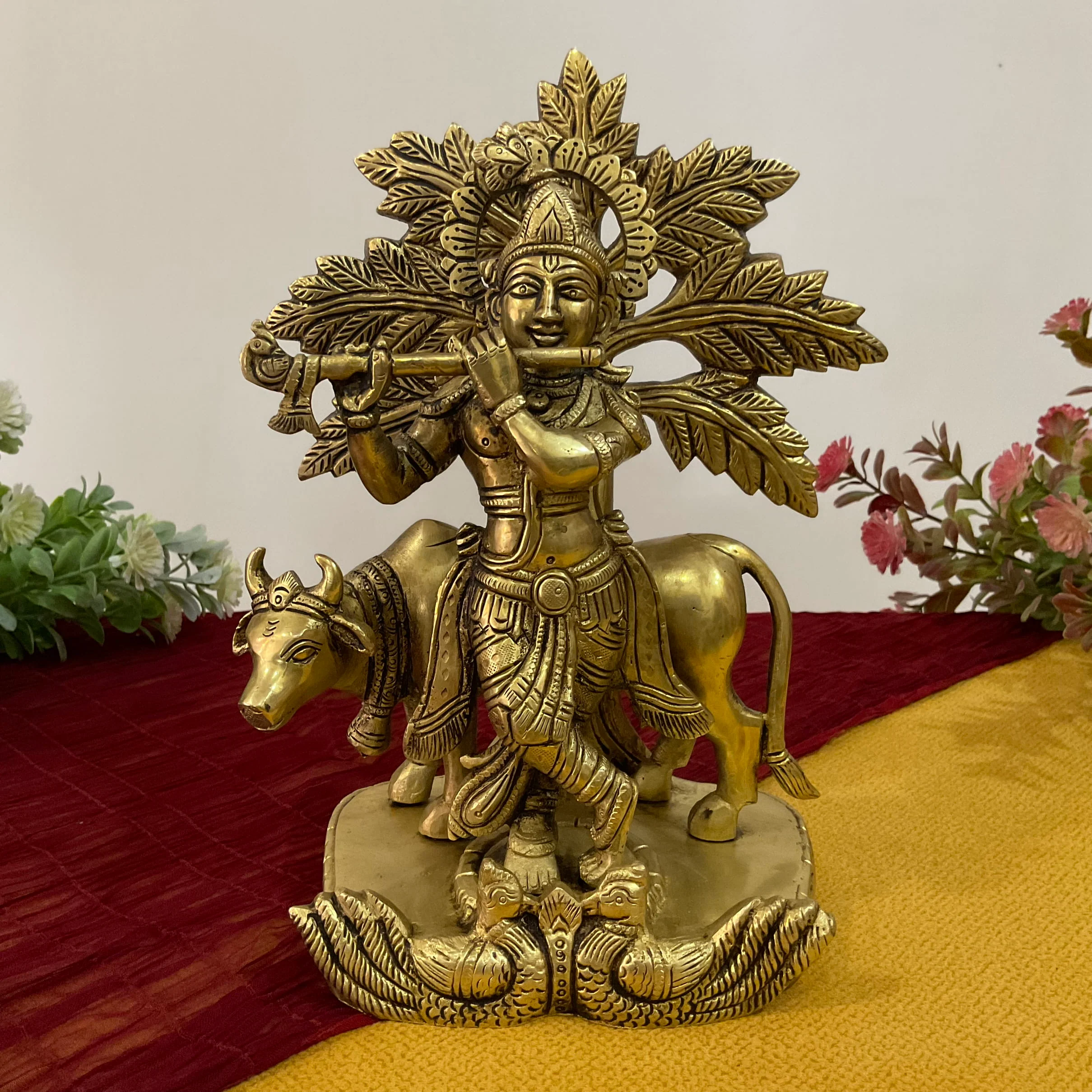 9 Inch Lord Krishna Cow Brass idol - Krishna Statue for Indian Decor