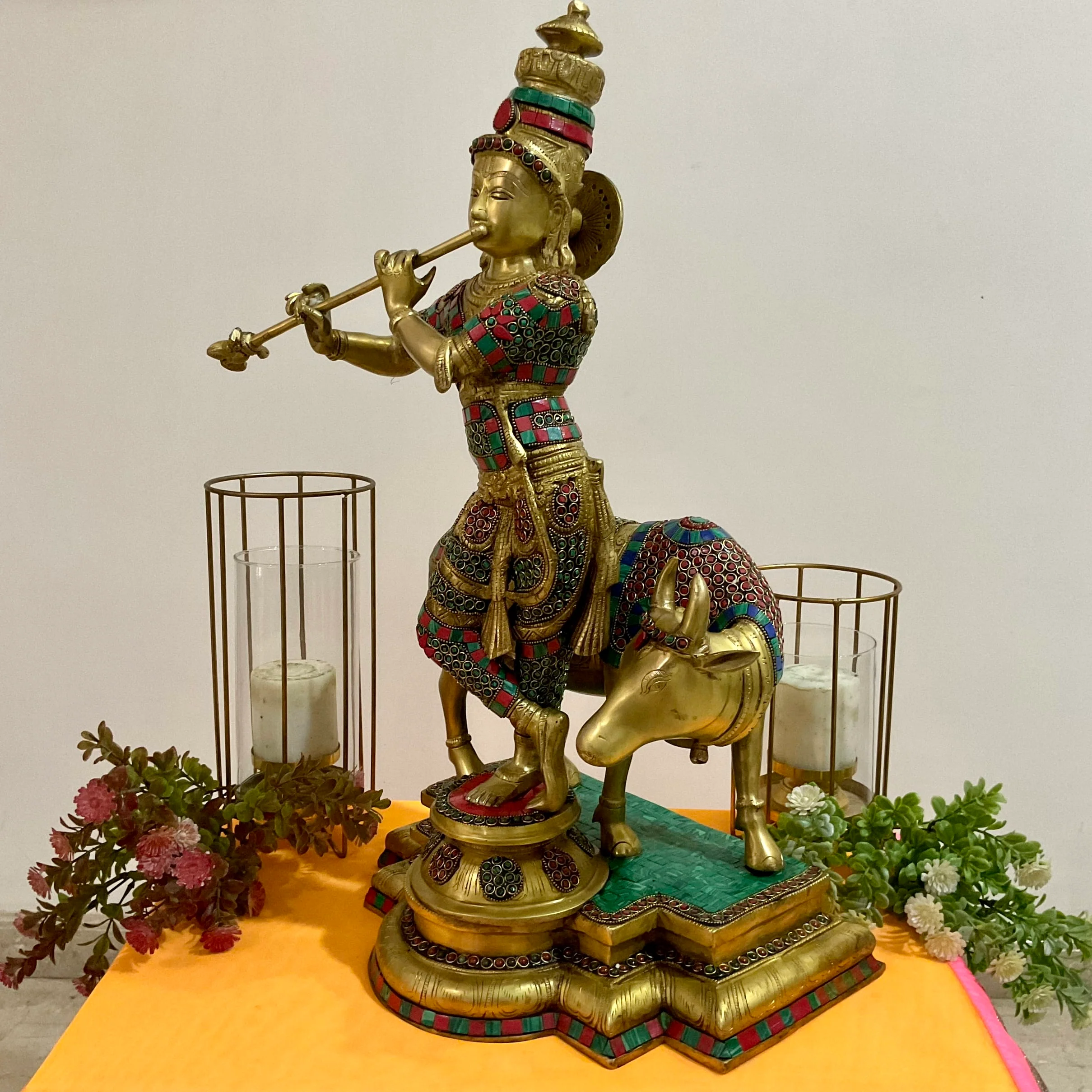 Lord Krishna Cow idol, 25 Inch Large Brass Stonework Statue for Home
