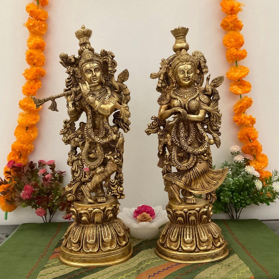 20 Inches Radha Krishna Brass Idol - Handmade Decorative Statues Figurines