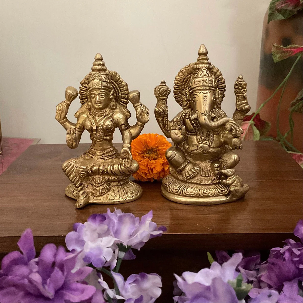 5 Inches Lakshmi Ganesh Brass Idol  - Pooja Statue for Home - Festive Decor