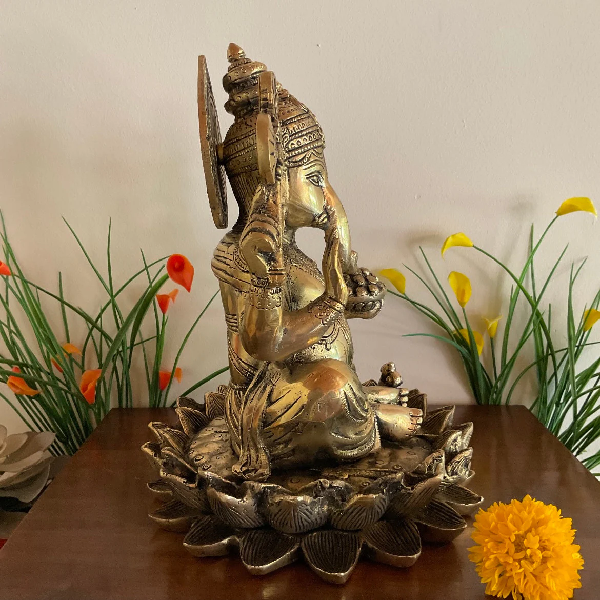 11 Inches Lotus Lord Ganesh Brass Idol - Ganpati Decorative Statue for Home Decor