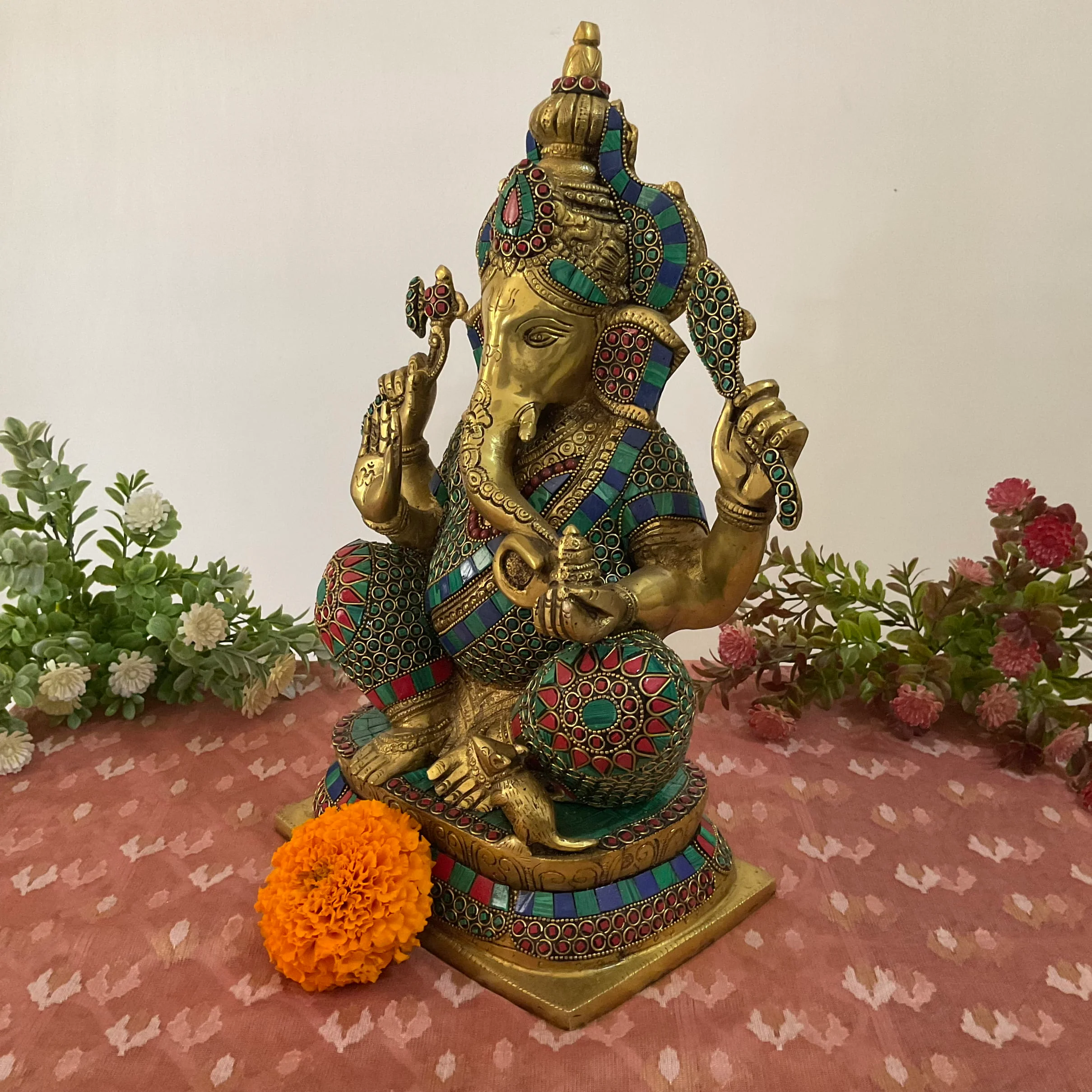 15 Inch Brass Ganesh Idol With Stonework - Ganpati Statue for Home Pooja, Housewarming Gift
