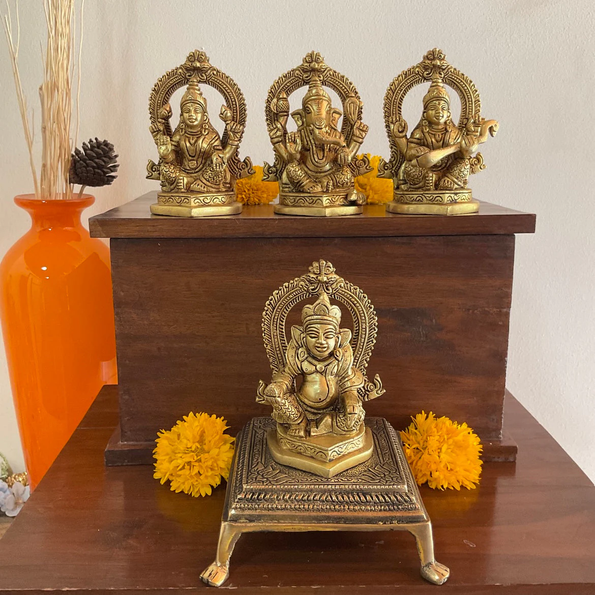 4.4 Inches Lakshmi Ganesh Saraswati Kuber Brass Idol - Pooja Murti For Home