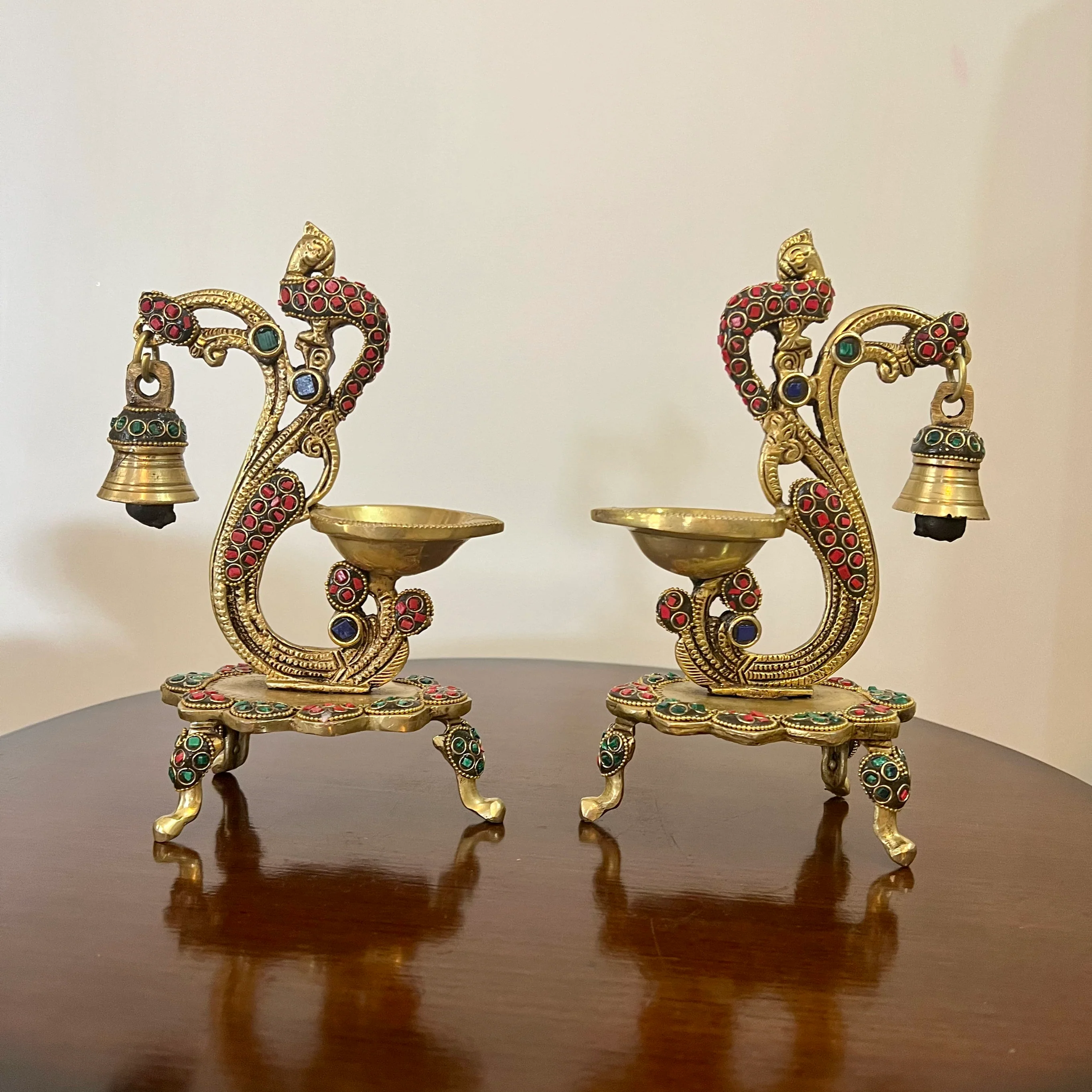 Peacock Diyas With Bell (Set of 2) Brass Stonework lamp - Indian housewarming Gift, Pooja Decor