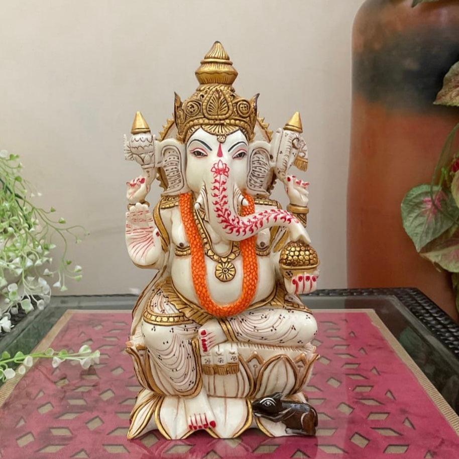 9 Inches Ganesha Marble Dust & Resin Idol -  Decorative Figurine