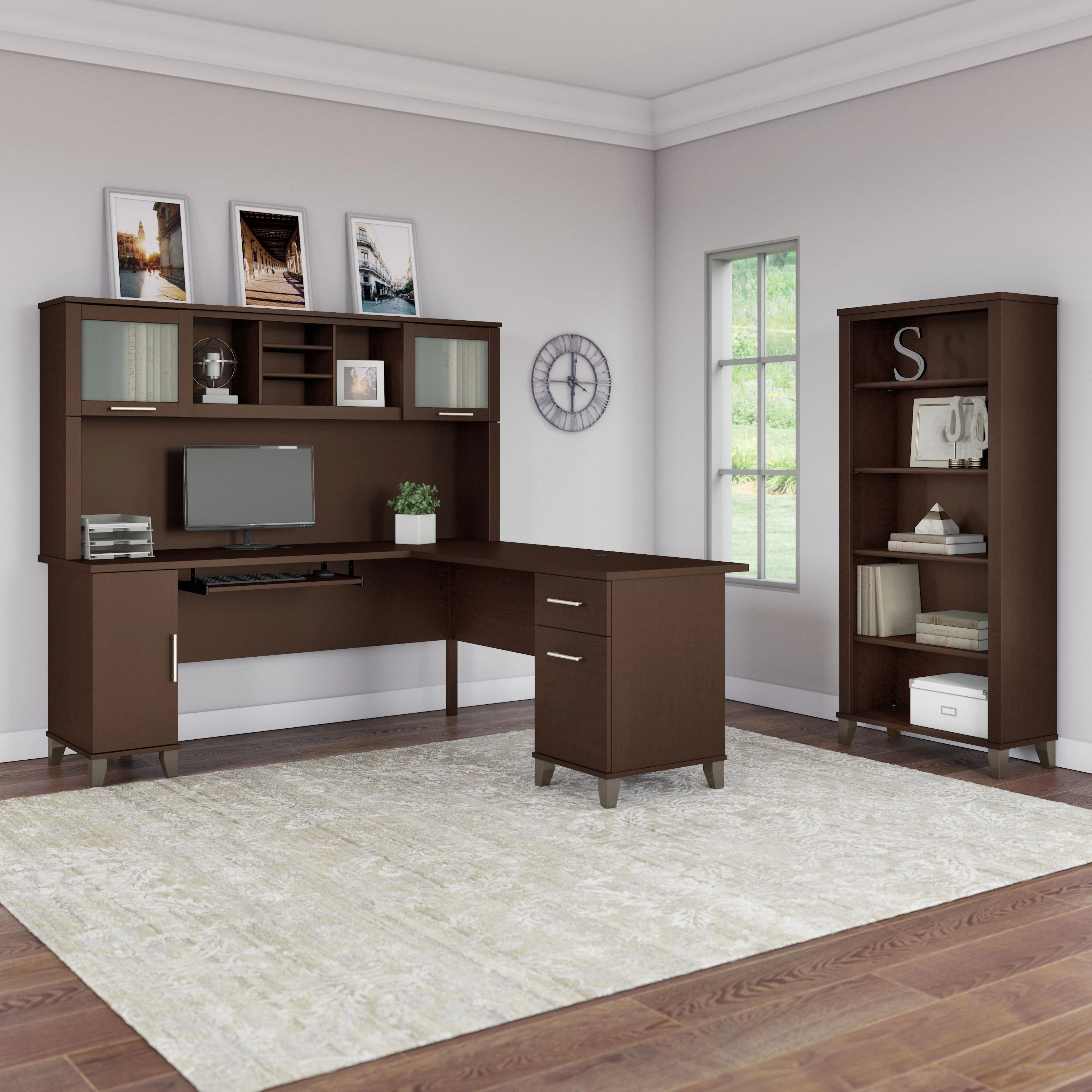 Somerset 72W L Shaped Desk with Hutch and 5 Shelf Bookcase