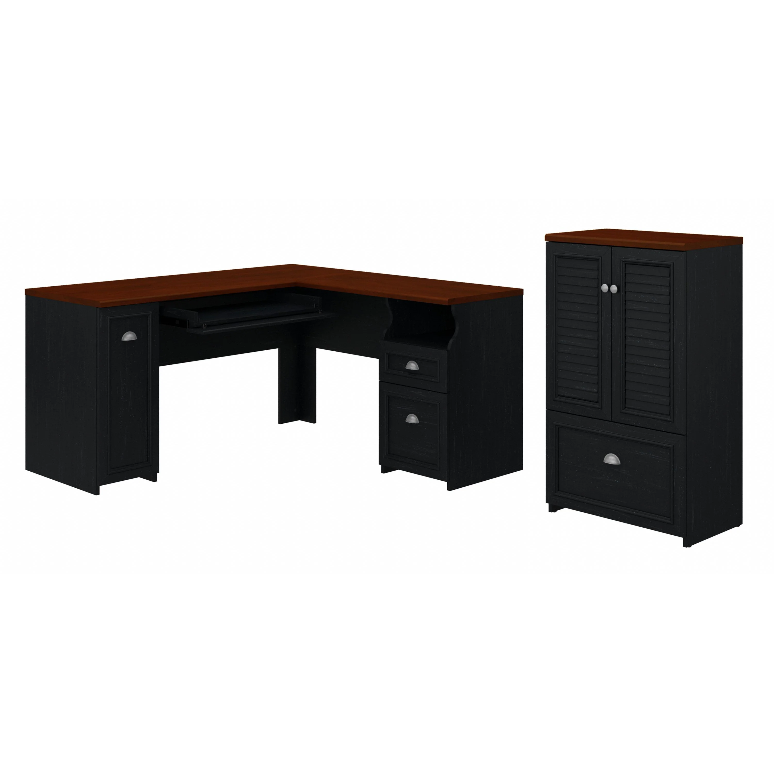 Fairview 60W L Shaped Desk and 2 Door Storage Cabinet with File Drawer