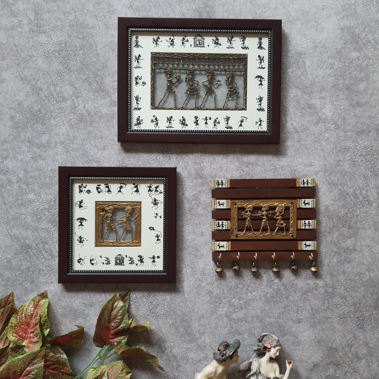 Dhokra Warli Wall Hanging & Key Holder (set of 3) - Wall Decor - Home Decor