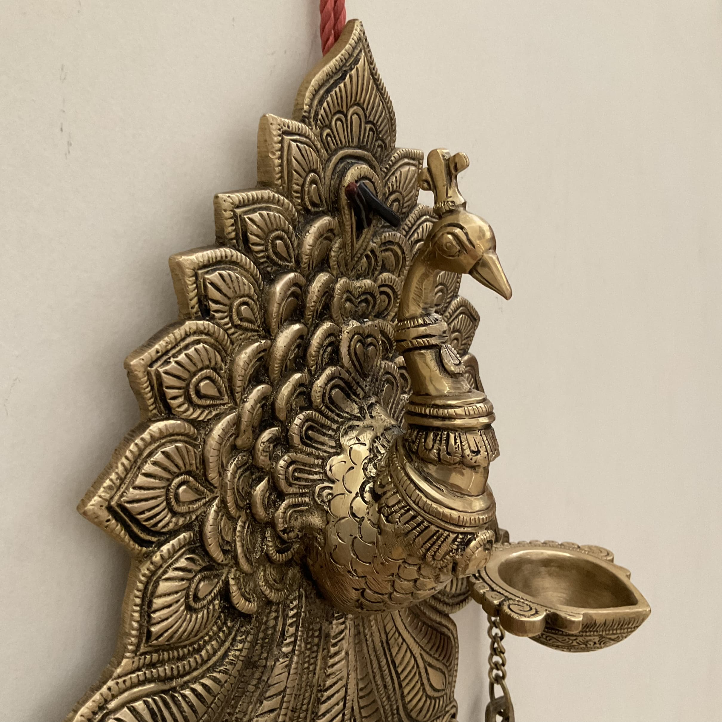 17.5 Inch Peacock Wall Hanging Diya Bell - Brass Decor