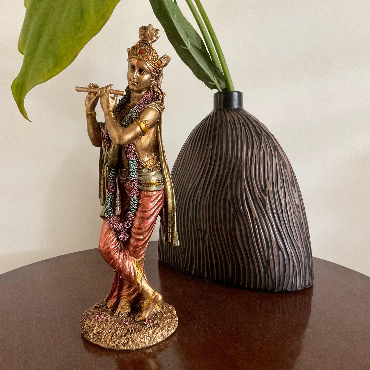 9.5 Inches Krishna Statue, Copper Finish Marble Dust & Resin Idol -  Decorative Figurine