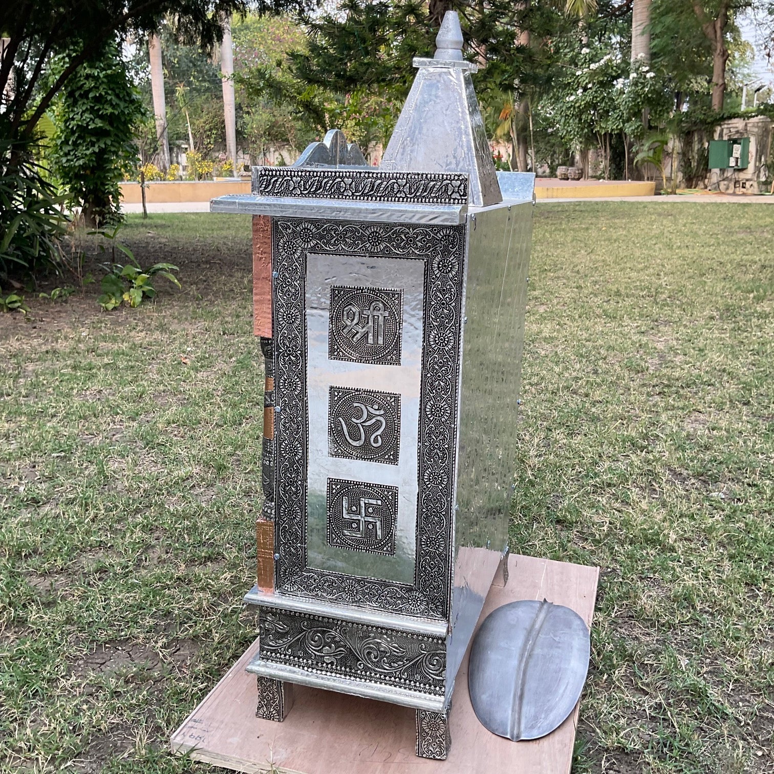 19 Inches Wooden Temple (Mandir) - Silver Oxidising
