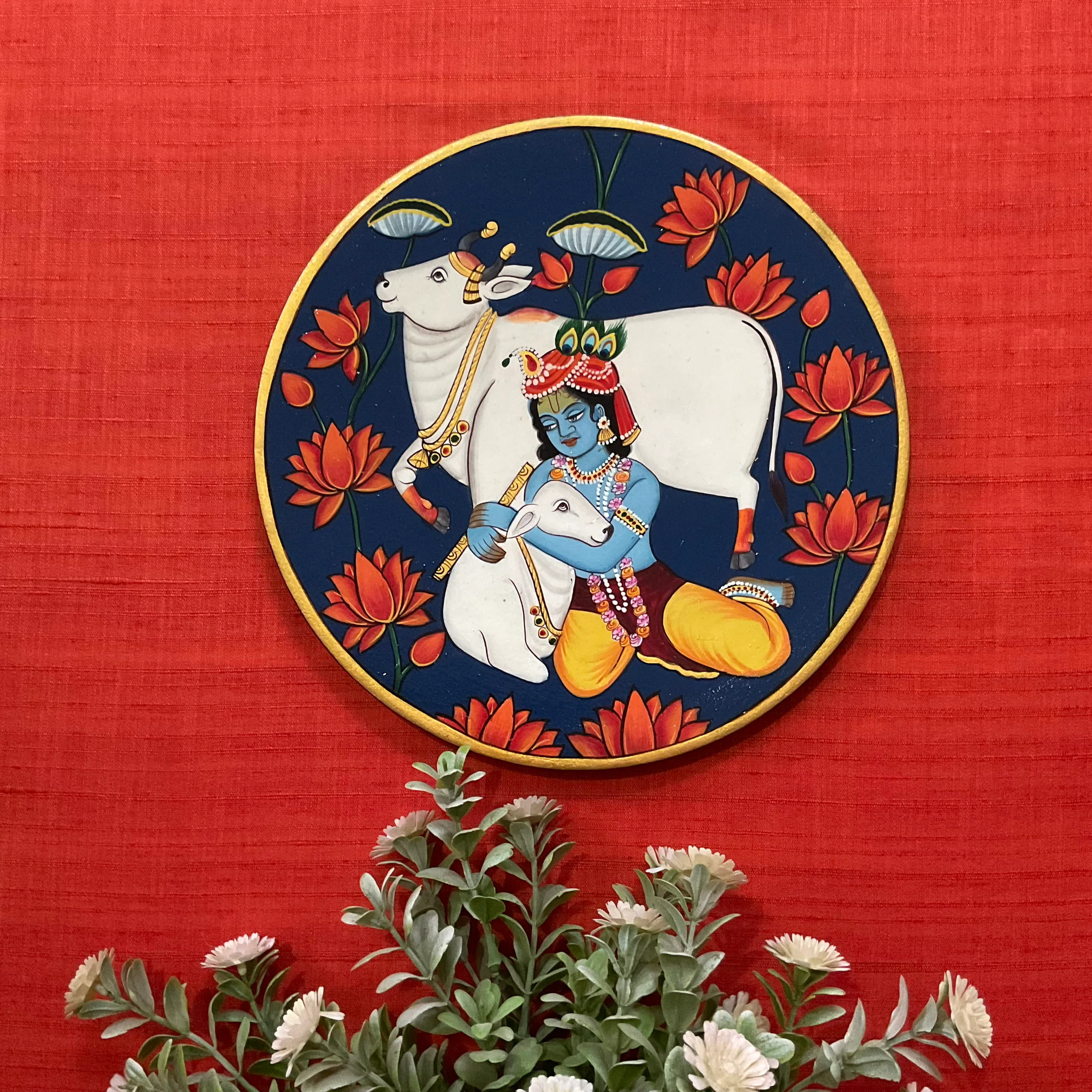 Krishna, Shrinathji Peacock Pichwai Wall Hanging - Decorative Round Plate