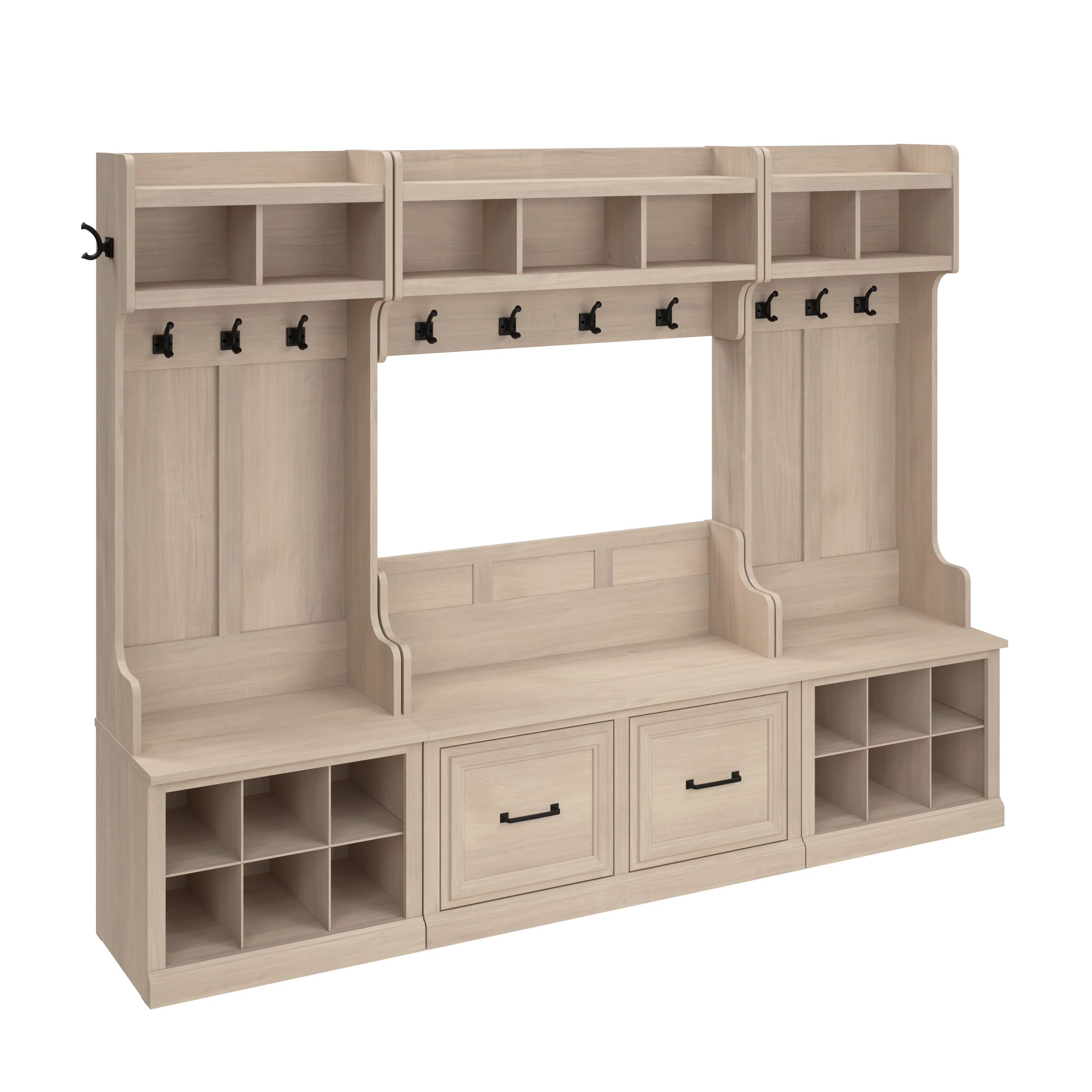Woodland Full Entryway Storage Set with Coat Rack and Shoe Bench with Doors