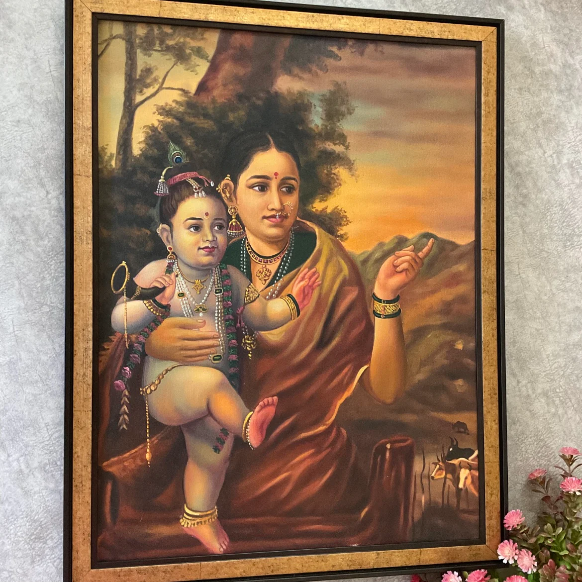 Yashoda Maiya With Balakrishna Handmade Oil Painting - Raja Ravi Varma Recreation - Wall Decor